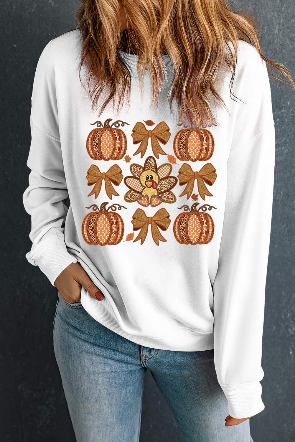 White Cute Turkey Fall Pumpkin Bow Print Drop Shoulder Sweatshirt - loveforevers