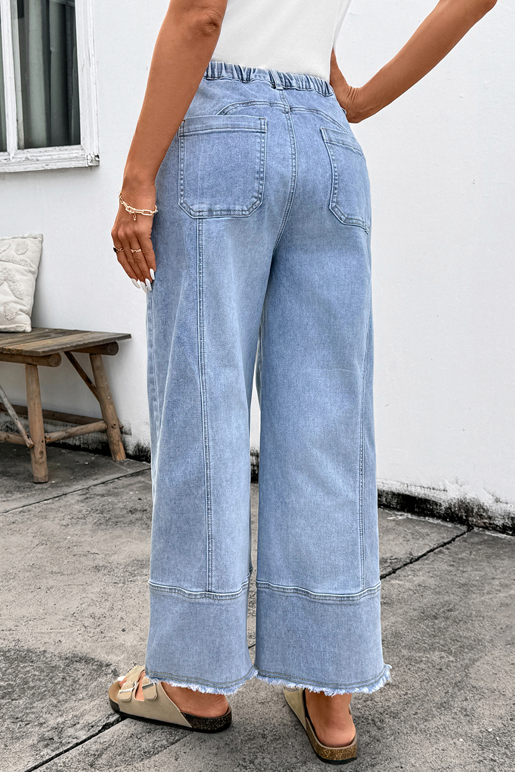 Beau Blue Drawstring Seam Detail Raw Hem Wide Leg Denim Pants - loveforevers