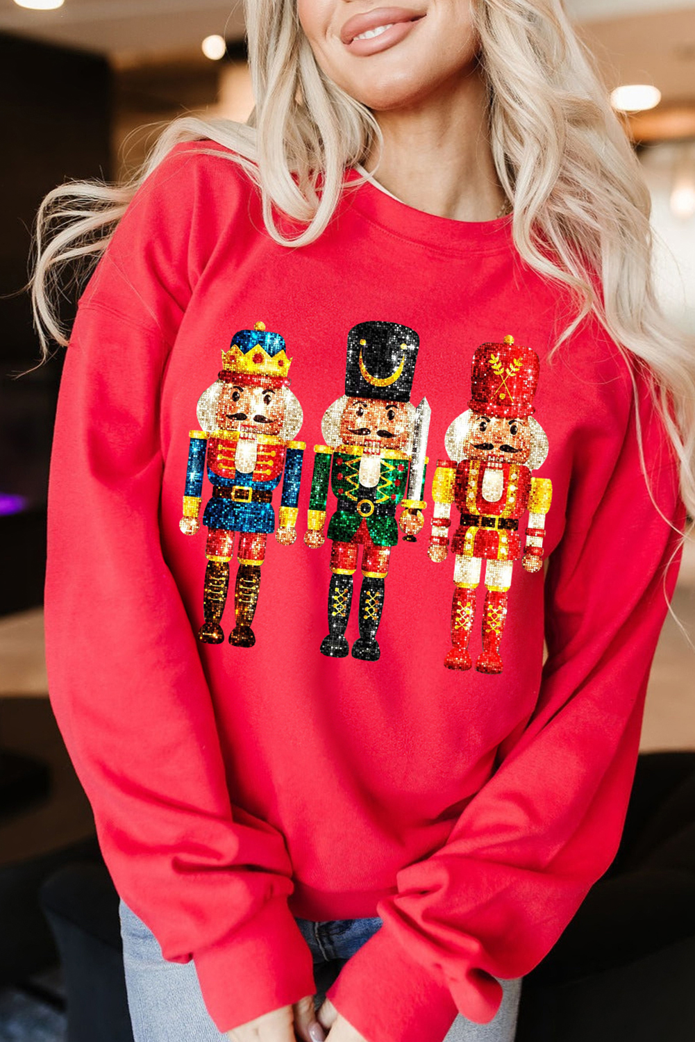 Red Christmas Metallic Nutcracker Graphic Crew Neck Sweatshirt - loveforevers