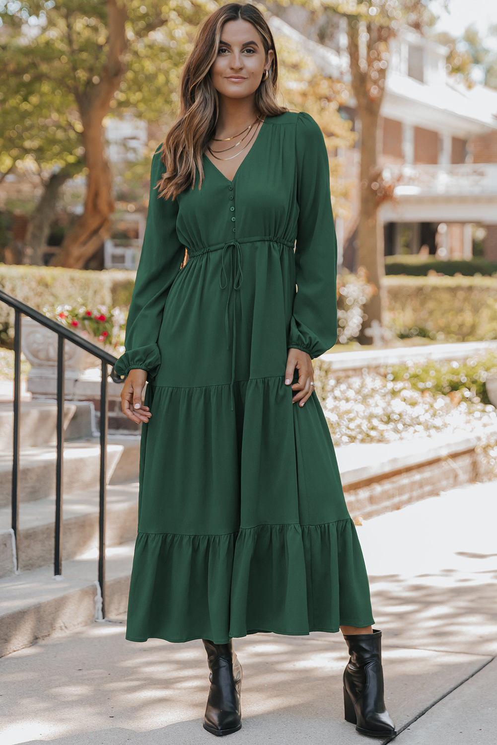 Blackish Green Solid Long Sleeve Button V Neck Tiered Maxi Dress - loveforevers