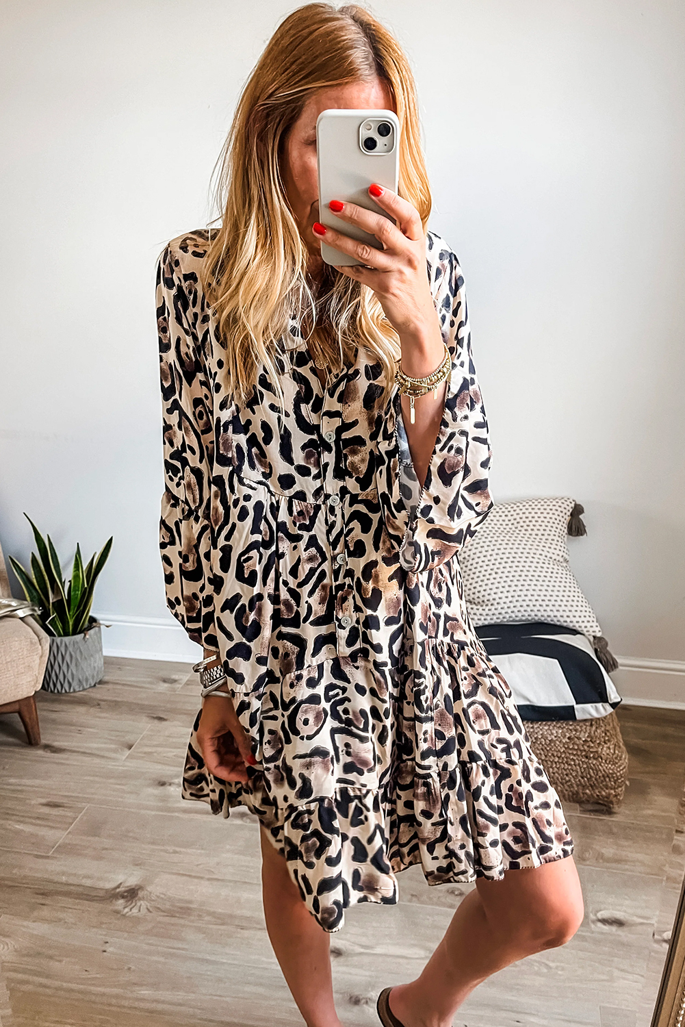 Khaki Leopard Print Buttoned Front 3/4 Sleeve Tiered Ruffled Hem Dress - loveforevers