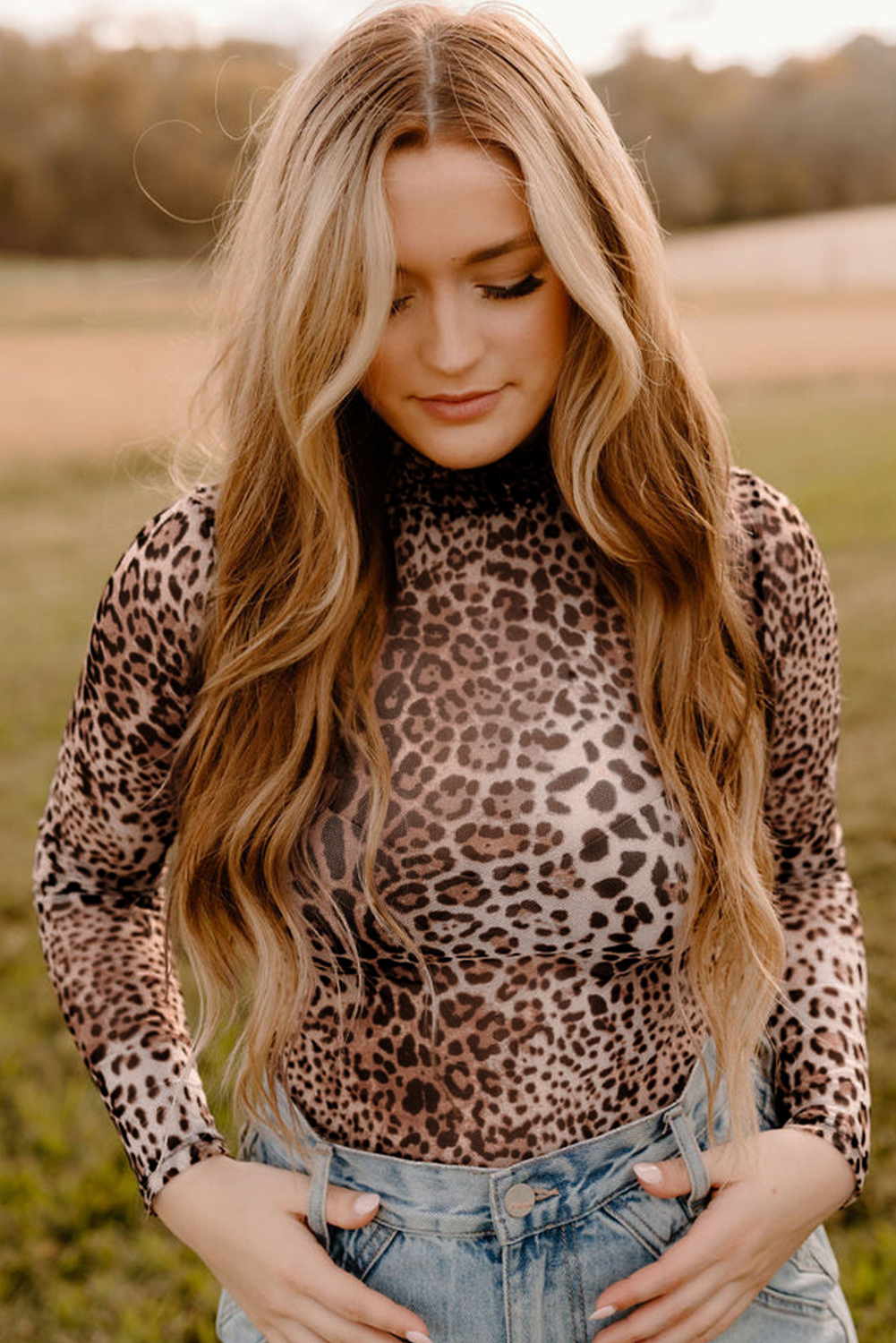 Brown Leopard Smocked Neck Mesh Long Sleeve Bodysuit - loveforevers
