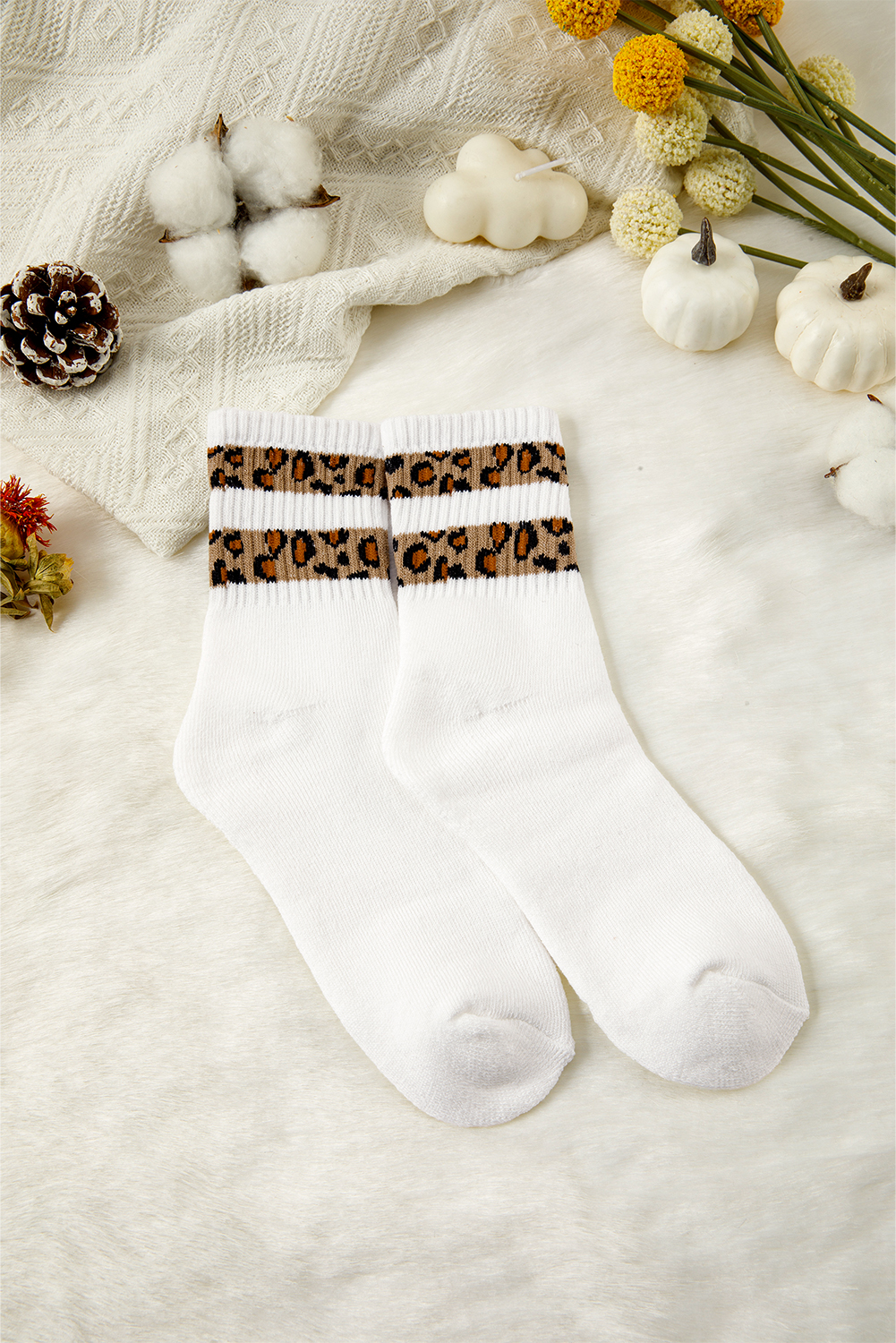 White Leopard Striped Detail Ribbed Cuffs Womens Socks - loveforevers