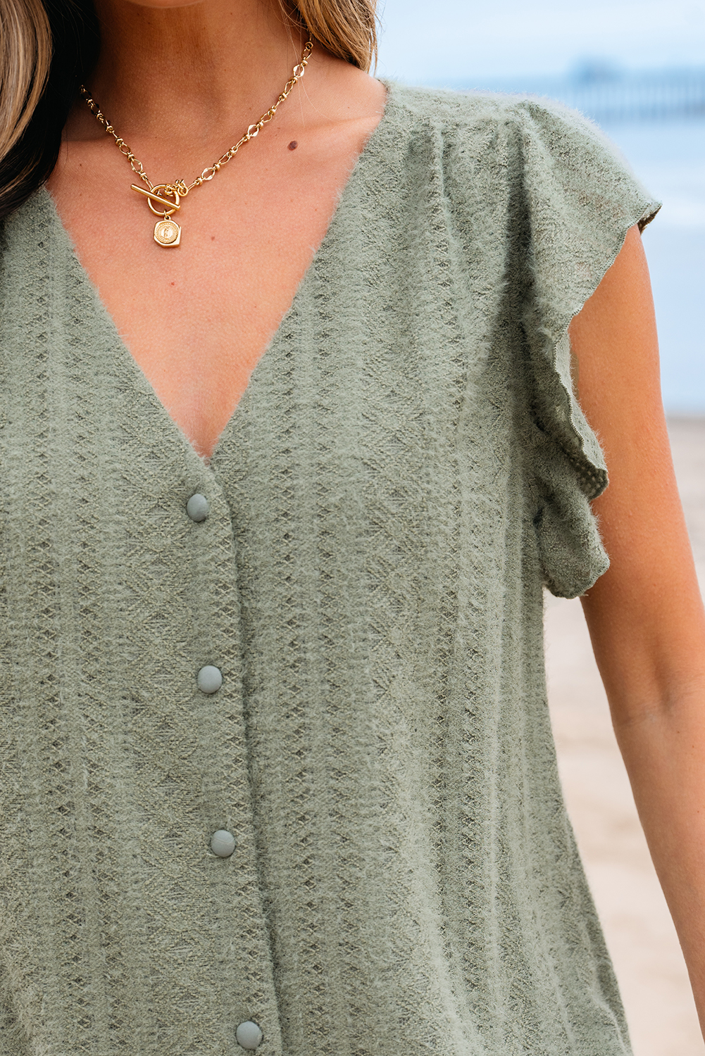 Laurel Green Flutter Sleeve Lace V Neck Shirt - loveforevers