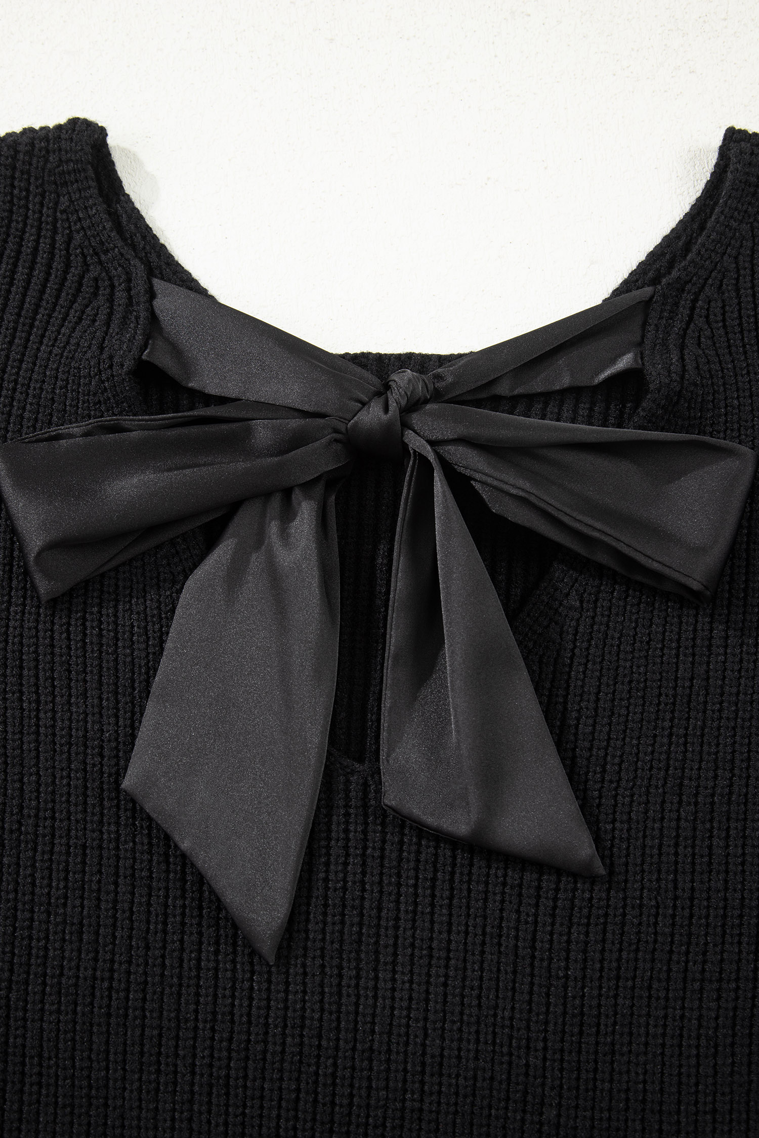 Black Ribbed Knit Ribbon Knot Backless Drop Shoulder Sweater - loveforevers