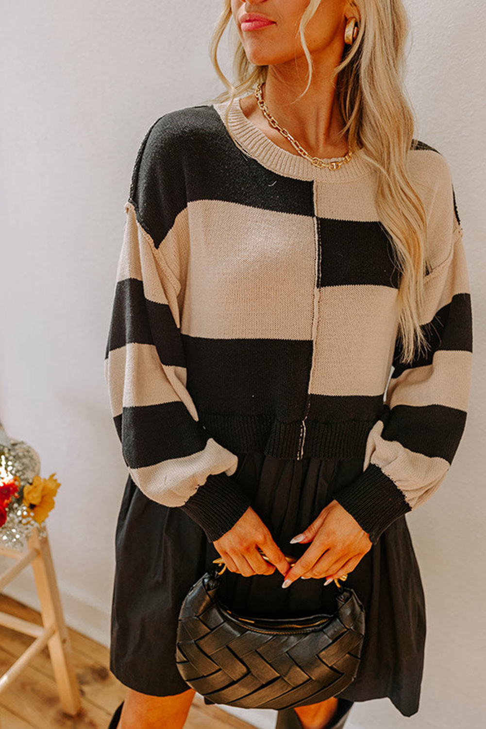 Black Stripe Two in One Knitted Top High Waist Splicing Hem Sweater Dress - loveforevers