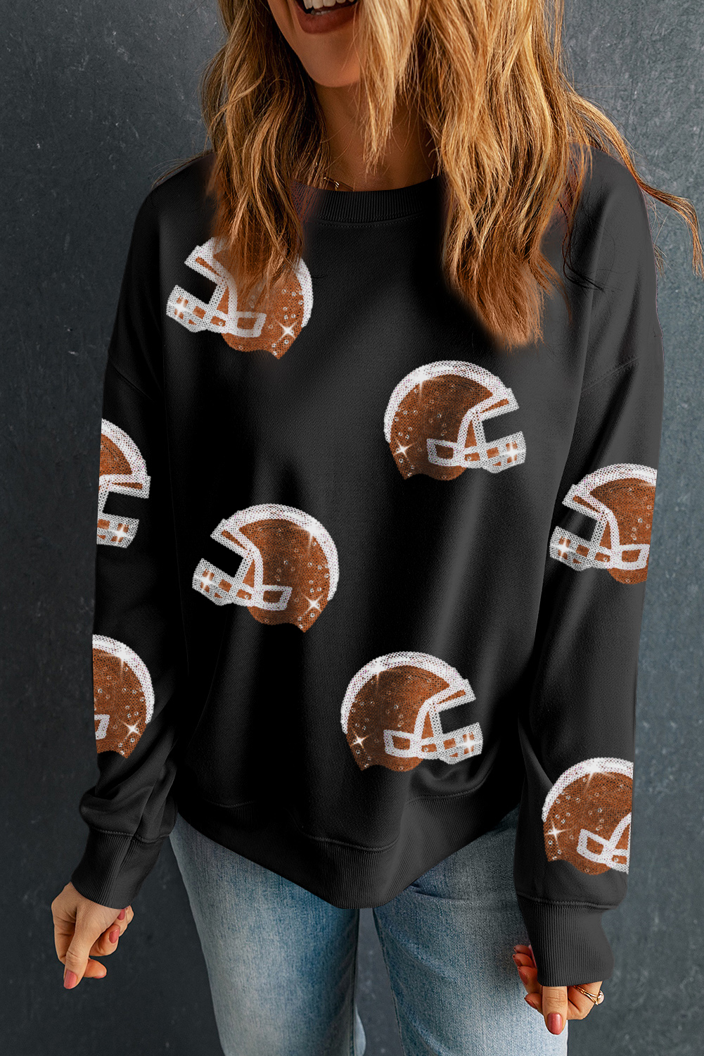 Black Sequin Rugby Football Helmet Graphic Game Day Sweatshirt - loveforevers