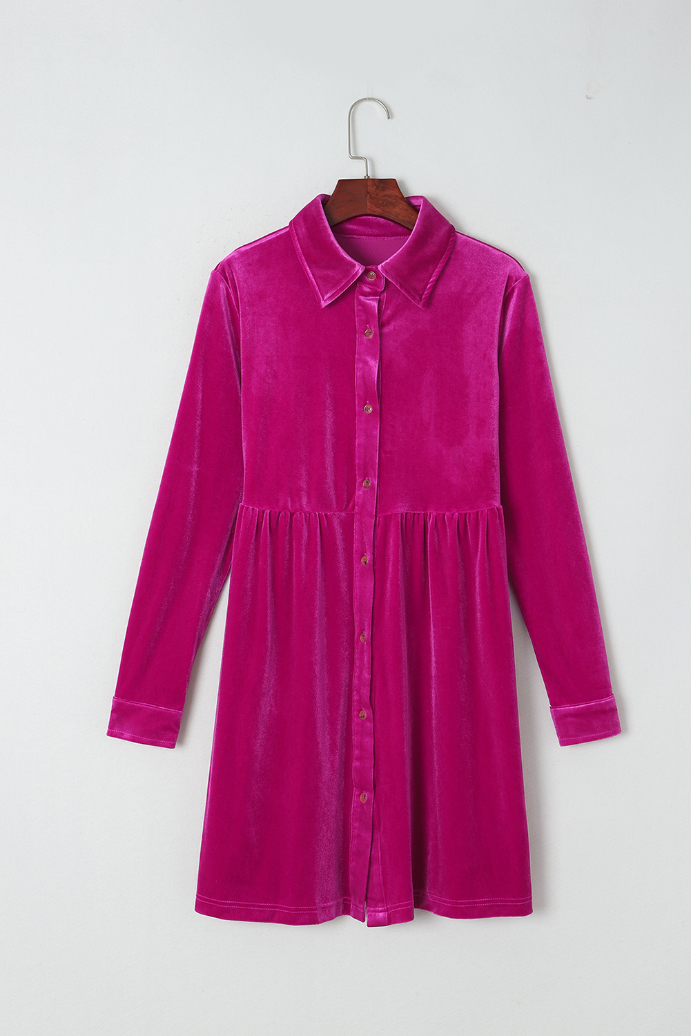 Fiery Red Long Sleeve Ruffle Velvet Button Up Dress - loveforevers