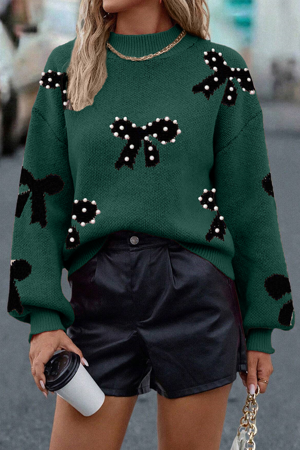 Bright Pink Pearl Embellished Bow Pattern Loose Sweater - loveforevers