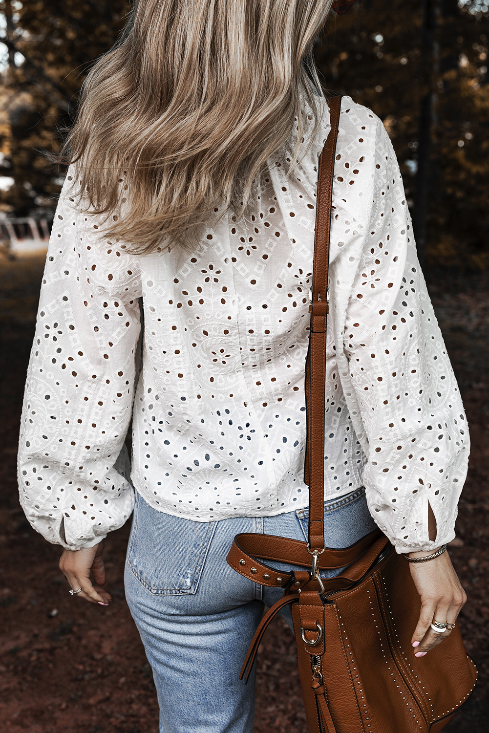White Eyelet Embroidered Puff Sleeve V Neck Blouse - loveforevers