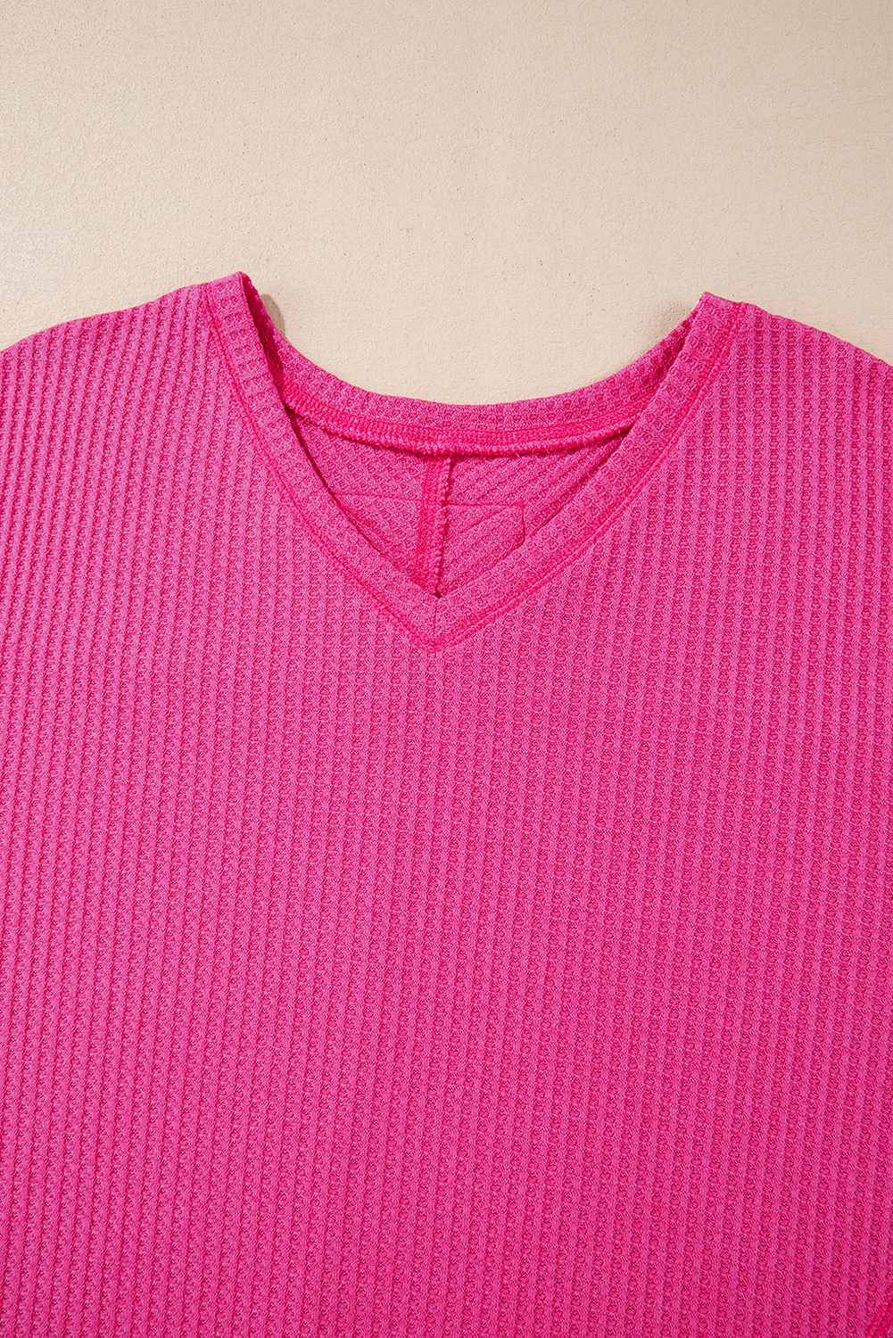Light Pink Waffle V Neck Long Sleeve Drop Shoulder Loose Blouse - loveforevers