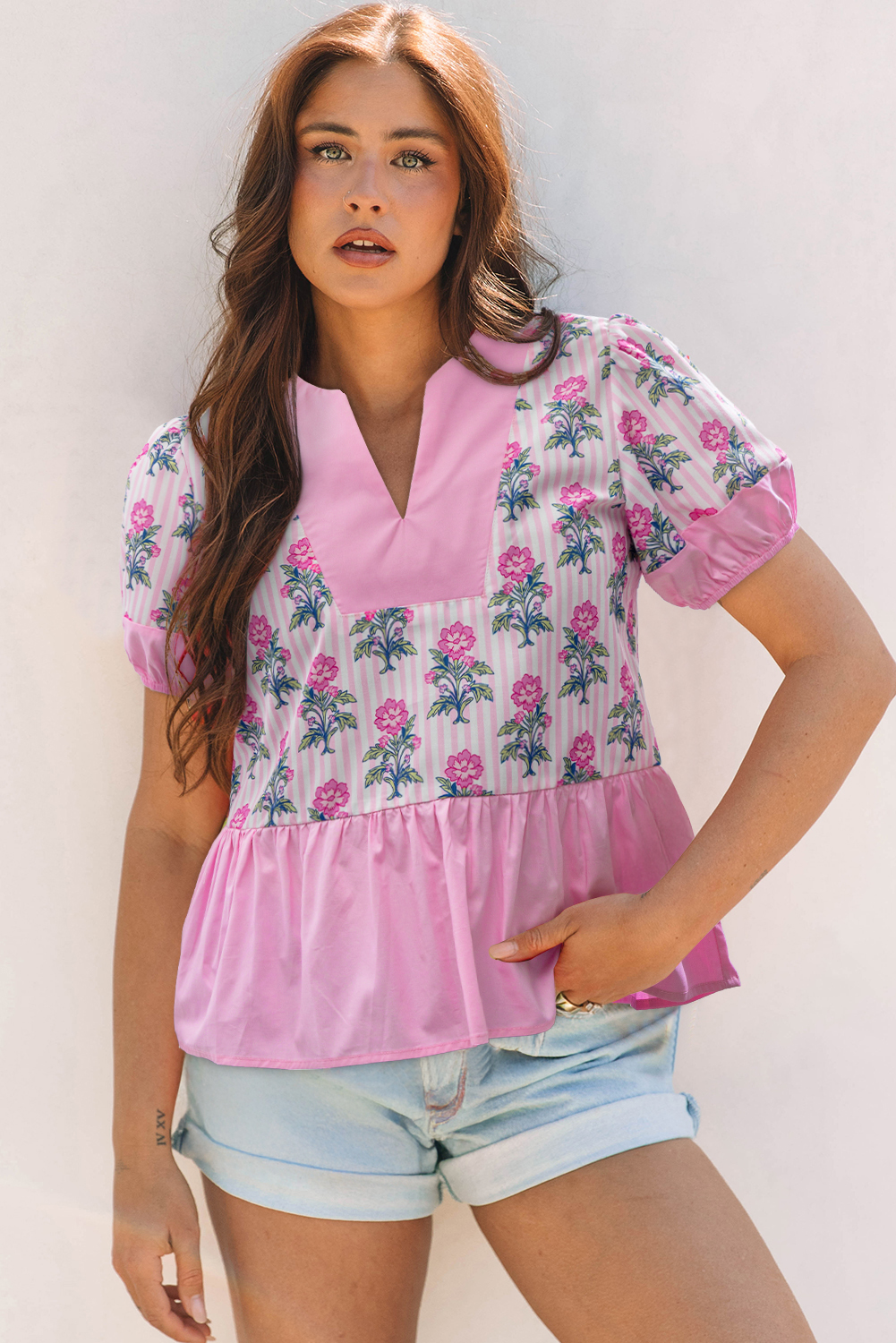 Rose Floral Striped Print Contrast Patchwork Ruffle Hem Blouse - loveforevers