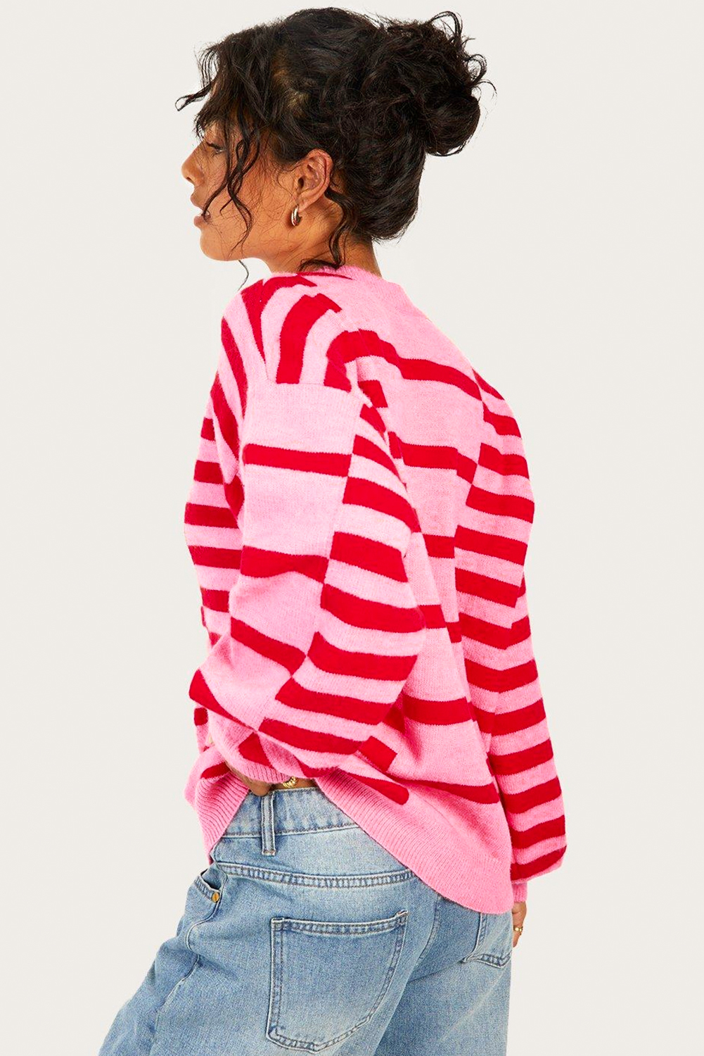 Pink Stripe Bubble Sleeve Drop Shoulder Ribbed Trim Sweater - loveforevers
