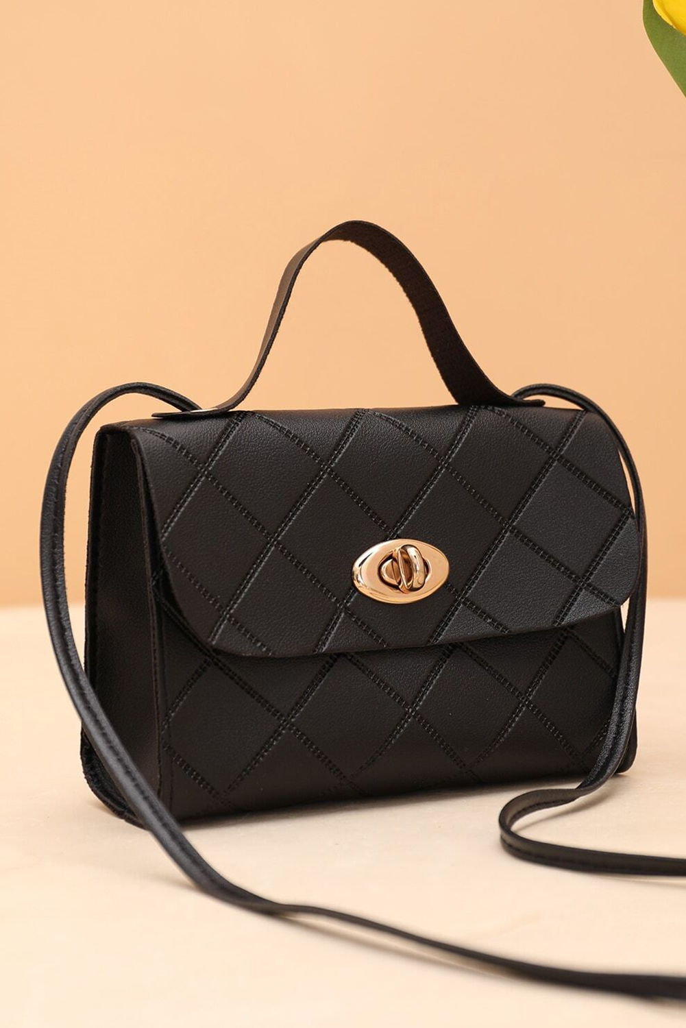 Black PU Leather Diamond Pattern Messenger Bag - loveforevers