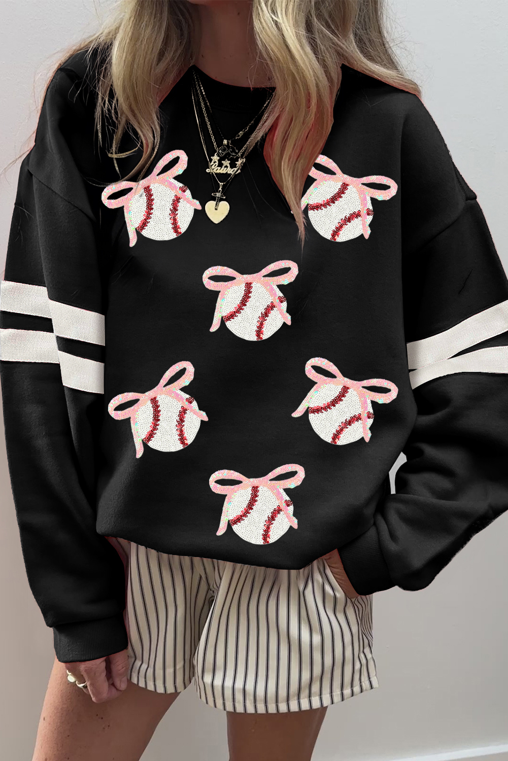 Black Bow Baseball Sequin Patched Oversized Varsity Sweatshirt - loveforevers