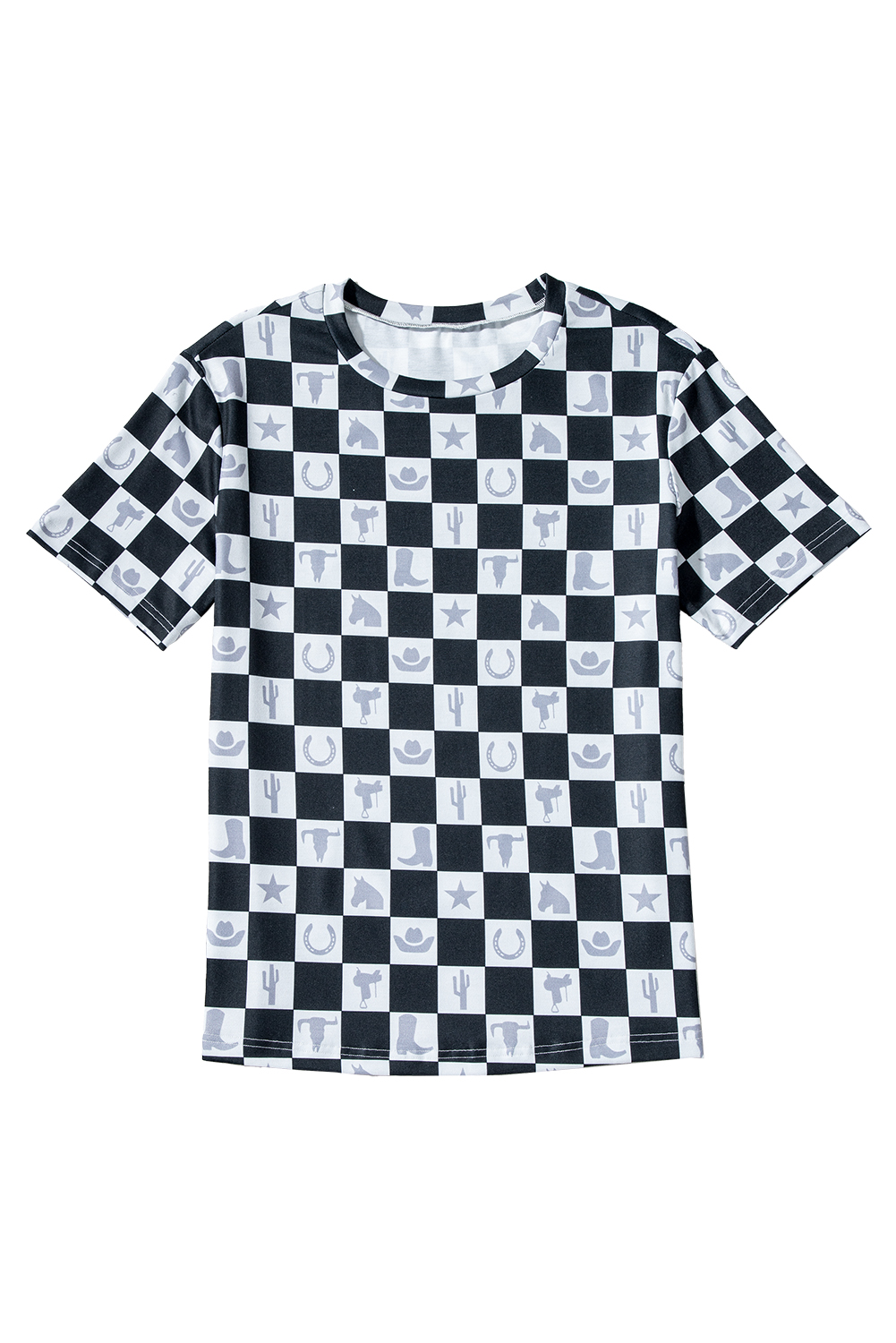 Black Western Fashion Checkerboard Print Side Split T Shirt - loveforevers