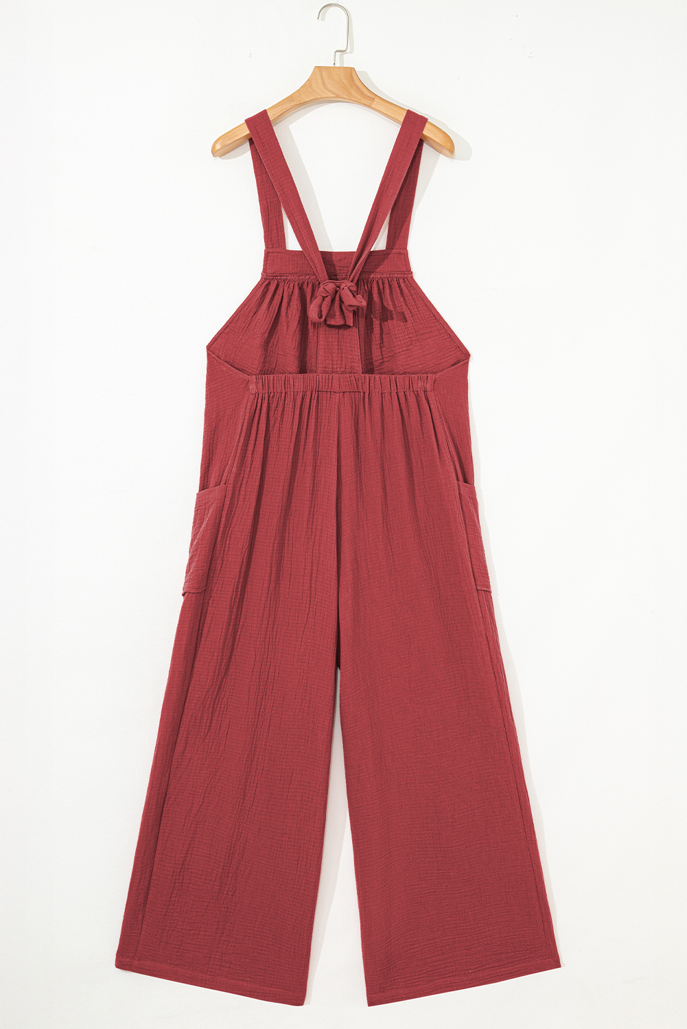 Red Clay Knotted Back Strap Cotton Bib Jumpsuit - loveforevers