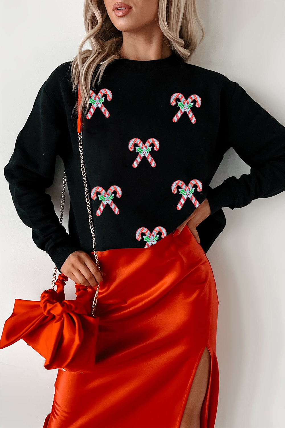 Black Candy Cane Patched Christmas Holiday Sweatshirt - loveforevers