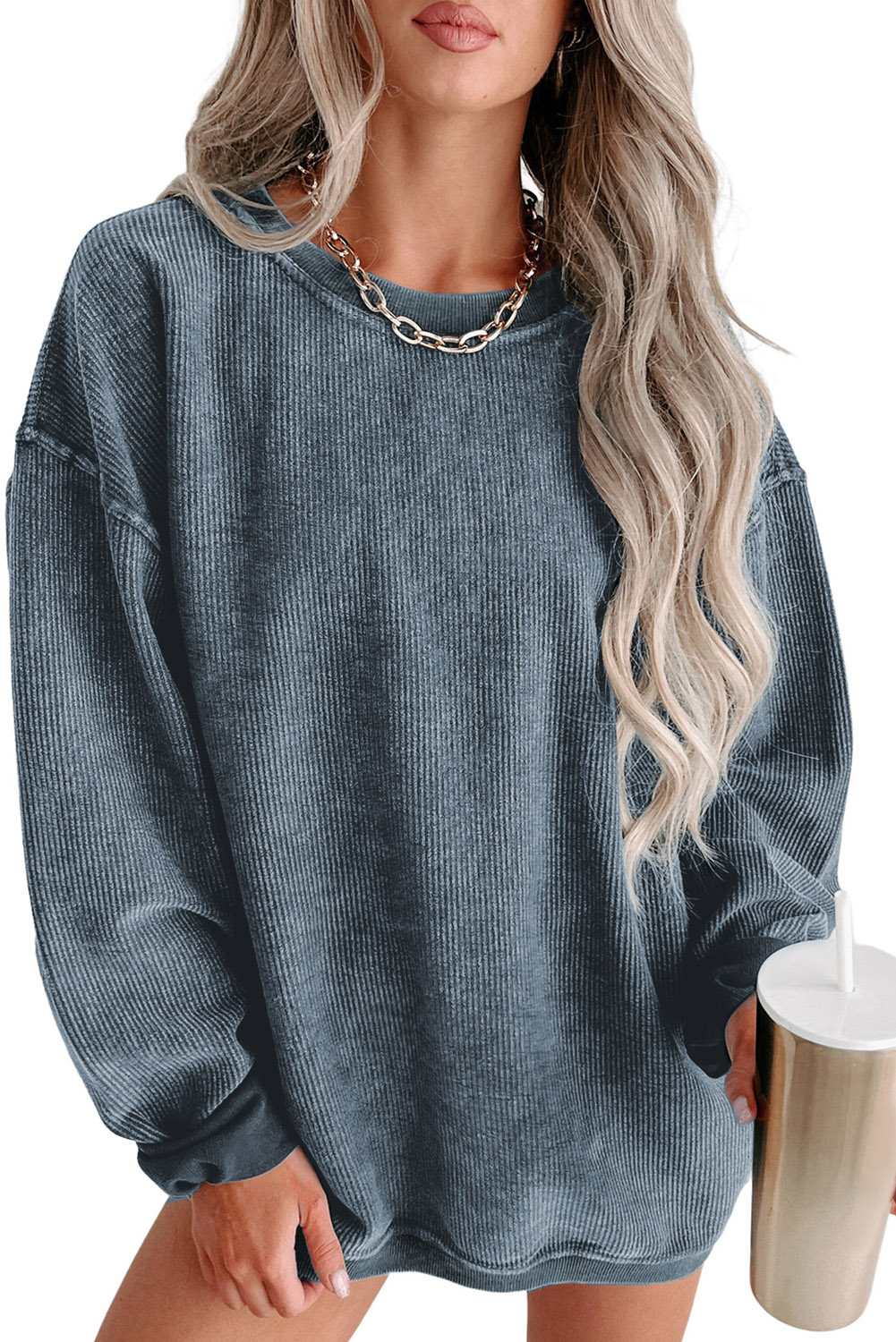Pink Solid Ribbed Knit Round Neck Pullover Sweatshirt - loveforevers
