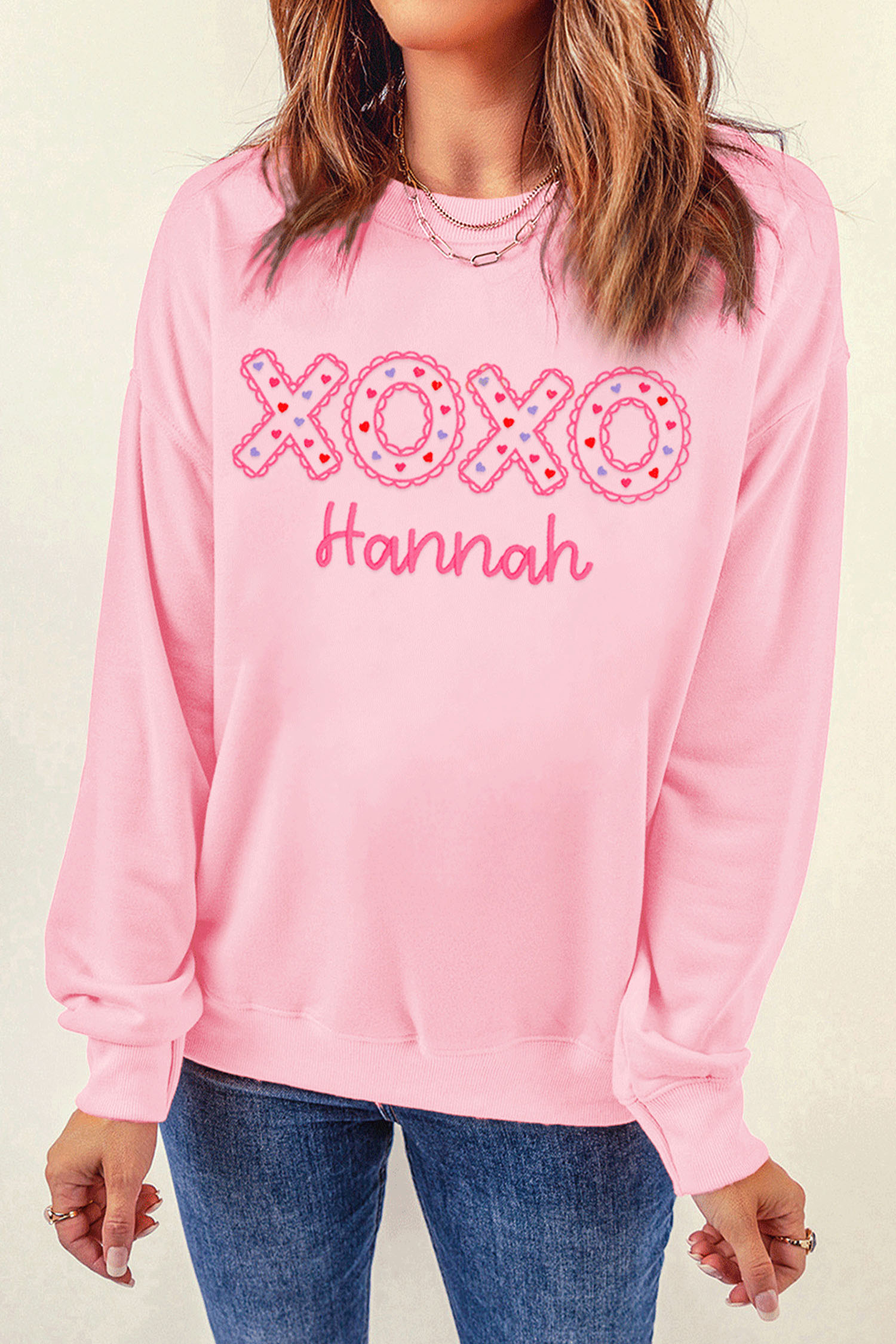 Pink Playful XOXO Letter Embroidered Hannah Pullover Sweatshirt - loveforevers