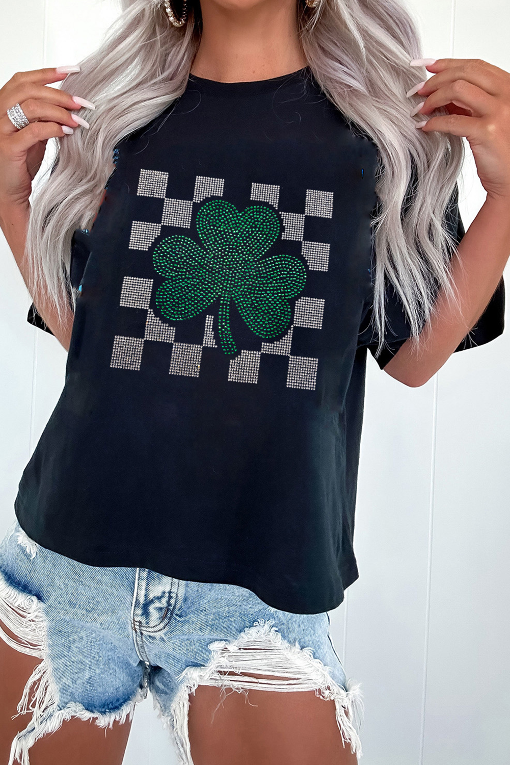 Black Clover Checkered Rhinestone Crew Neck T Shirt - loveforevers