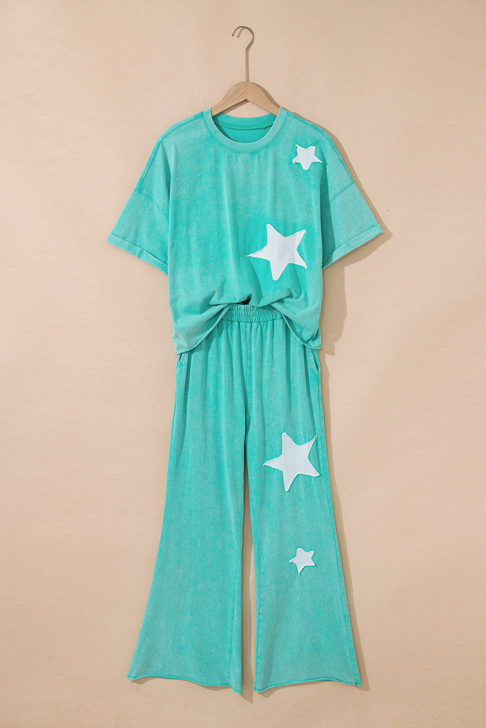 Light Pink Acid Wash Star Patched Rolled Trim Pants Set - loveforevers