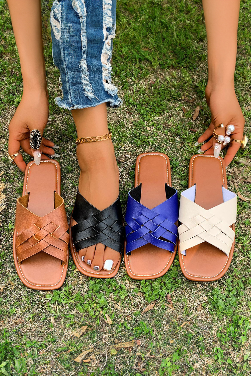 Coffee Crossed Woven Faux Leather Flat Fashion Slippers - loveforevers