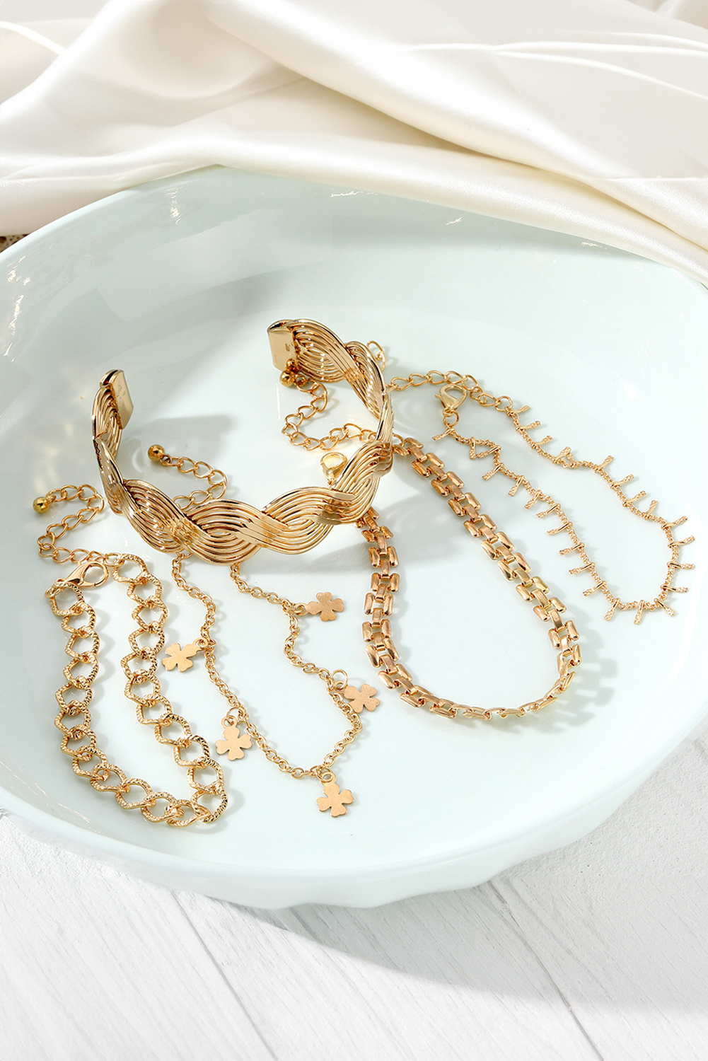 Gold Clover Charm Multi Layered Plated Adjustable Bracelet Set - loveforevers
