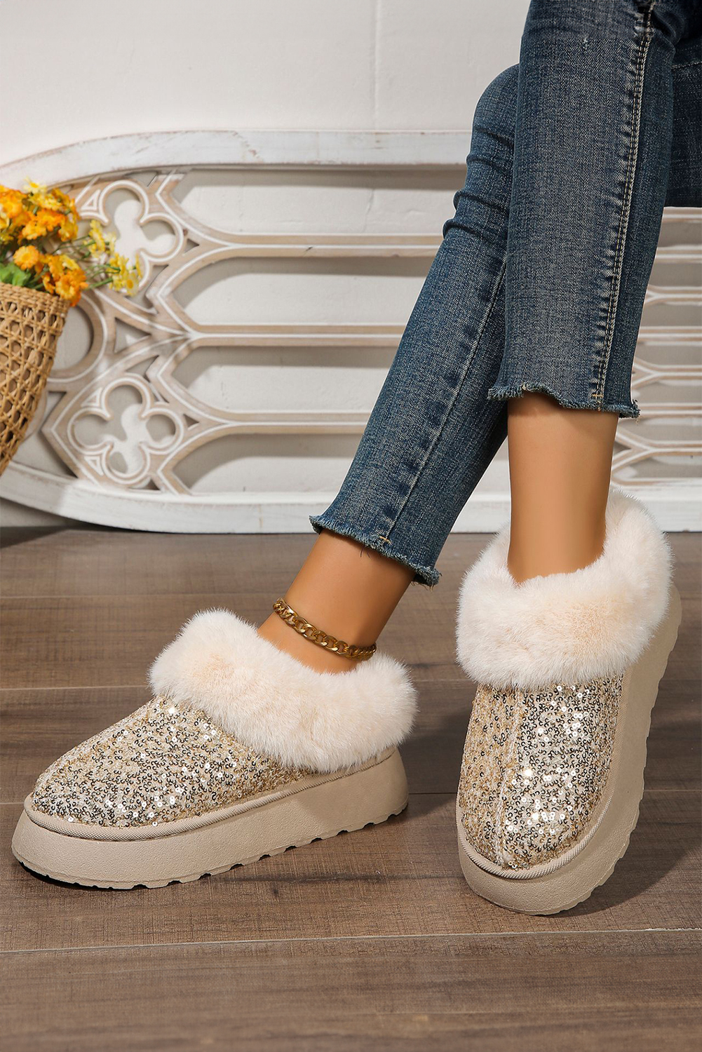 Gold Sequin Plush Lined Thick Sole Snow Boots - loveforevers