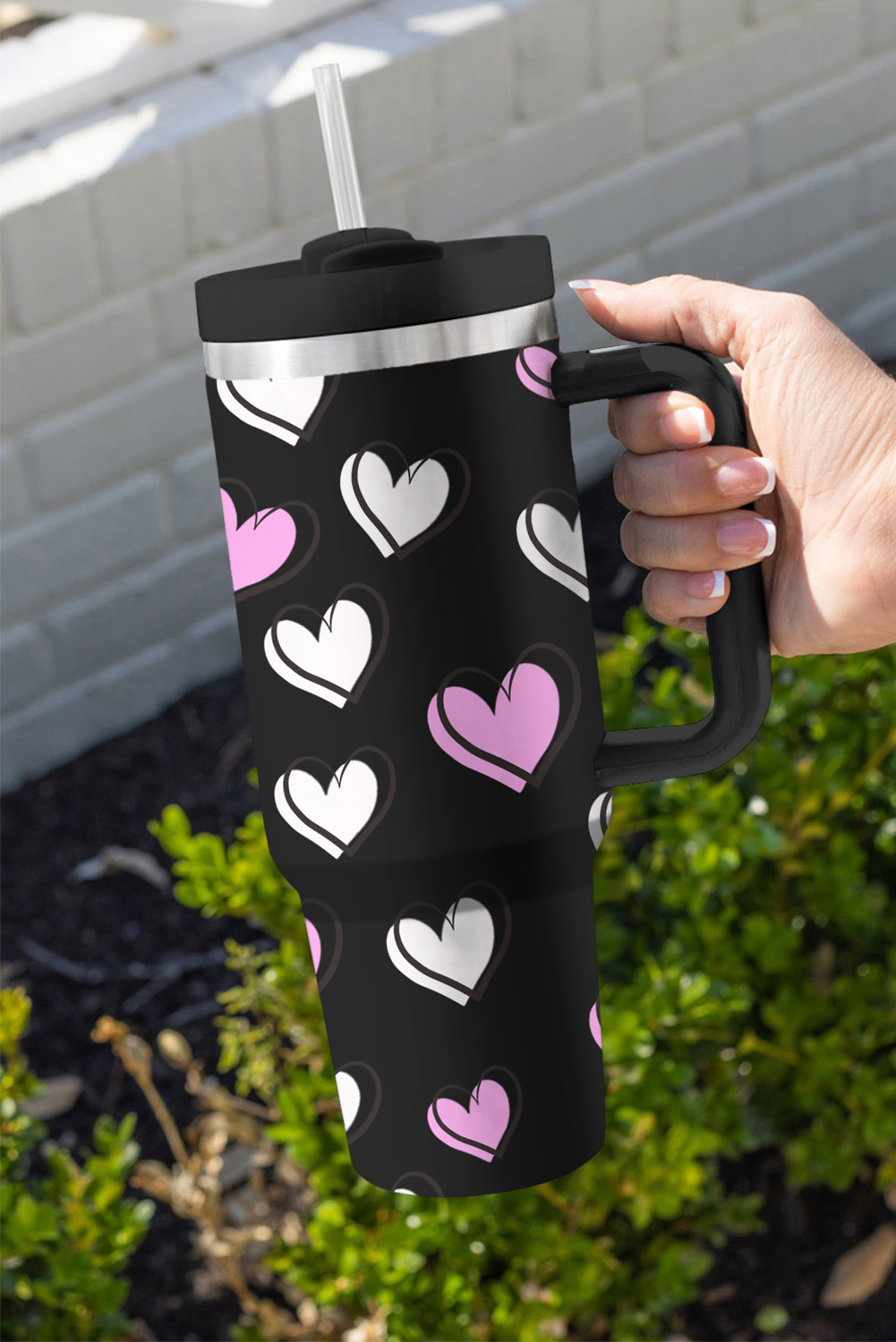 Black Valentines Heart Printed Thermos Cup with Handle 40oz - loveforevers
