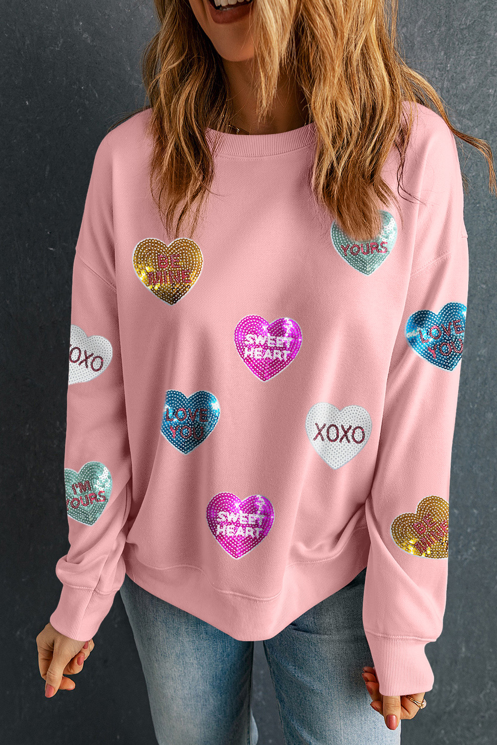 Pink Sequin Valentines Lettering Heart Patched Crewneck T Shirt - loveforevers