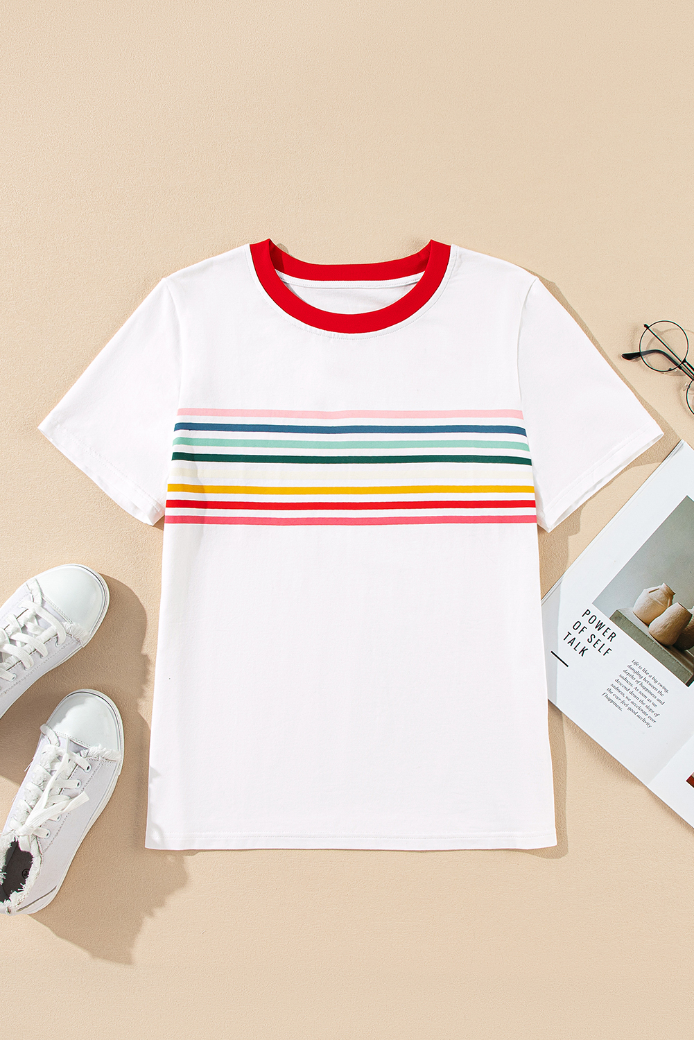 White Rainbow Stripe Print Contrast Crewneck T Shirt - loveforevers