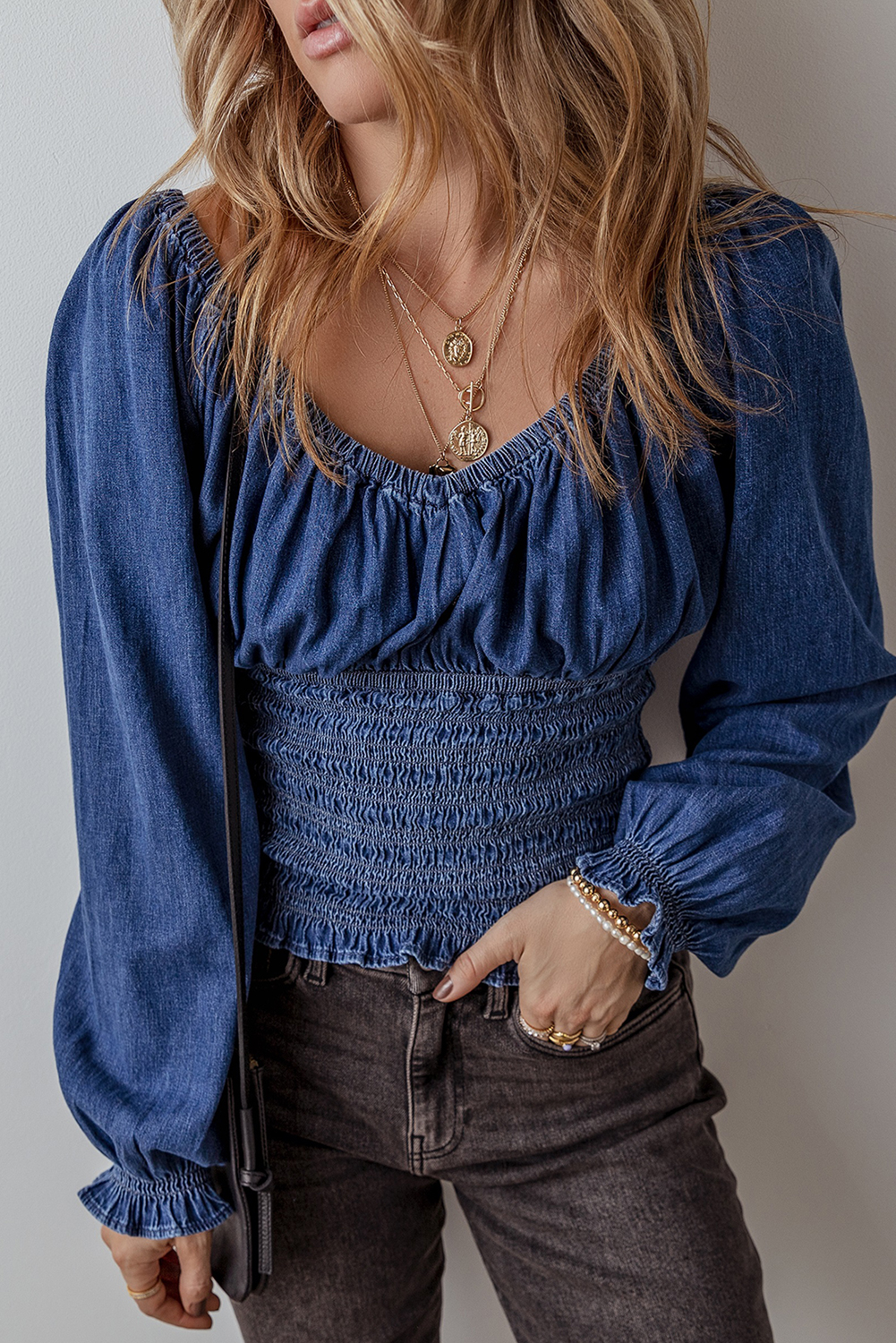 Dark Blue Smocked Ruffled Puff Sleeve V Neck Denim Blouse - loveforevers