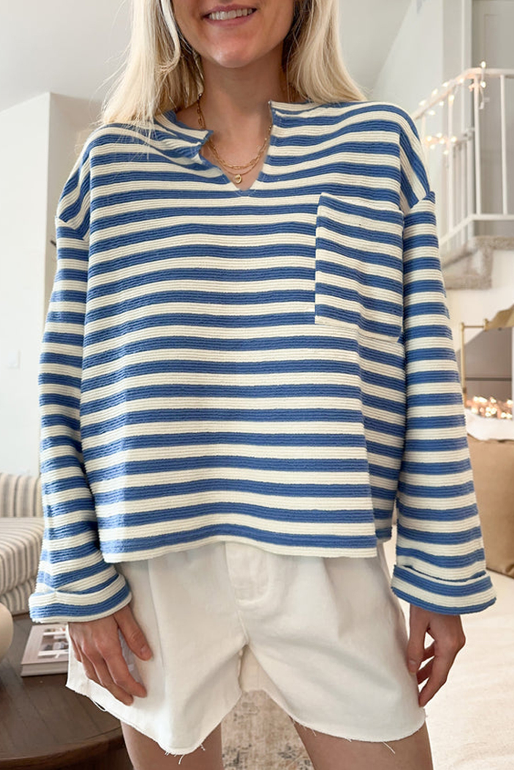 Sky Blue Stripe Chest Pocket Buttoned Back Notched V Neck Top - loveforevers