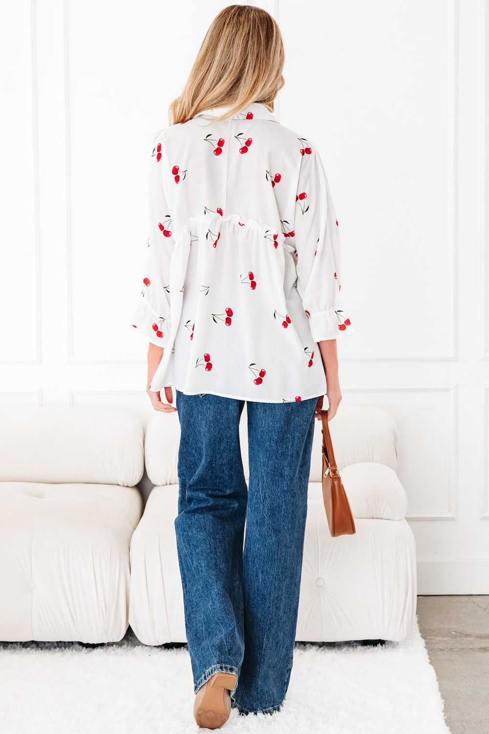 White Cherry Print Flounce Sleeve Collared Frilled Babydoll Blouse - loveforevers
