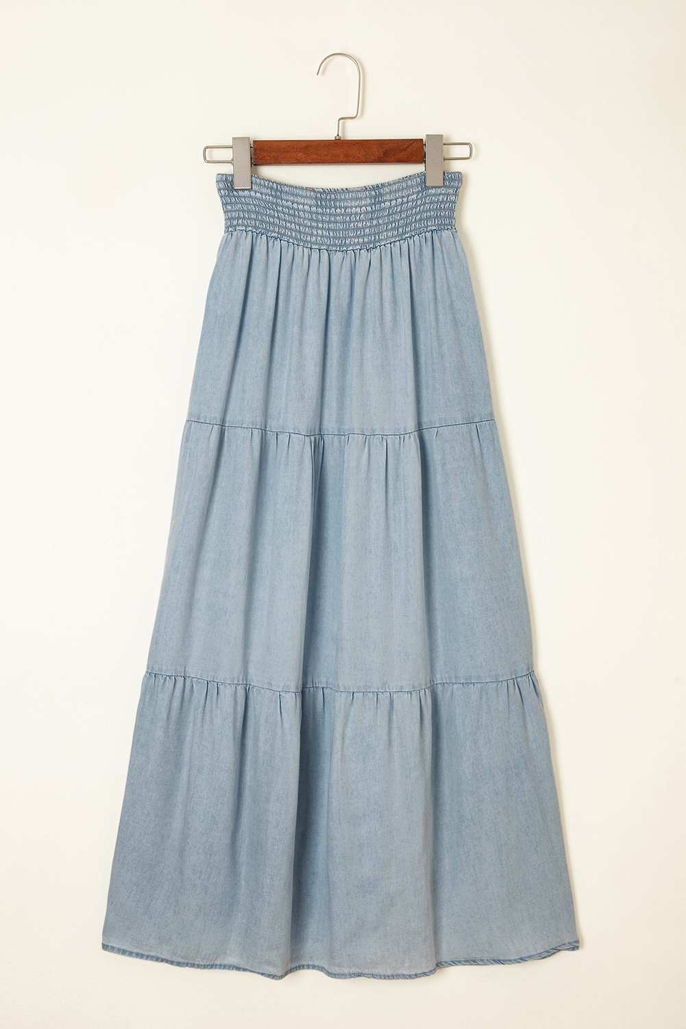 Beau Blue Tiered Smocked High Waist Denim Maxi Skirt - loveforevers