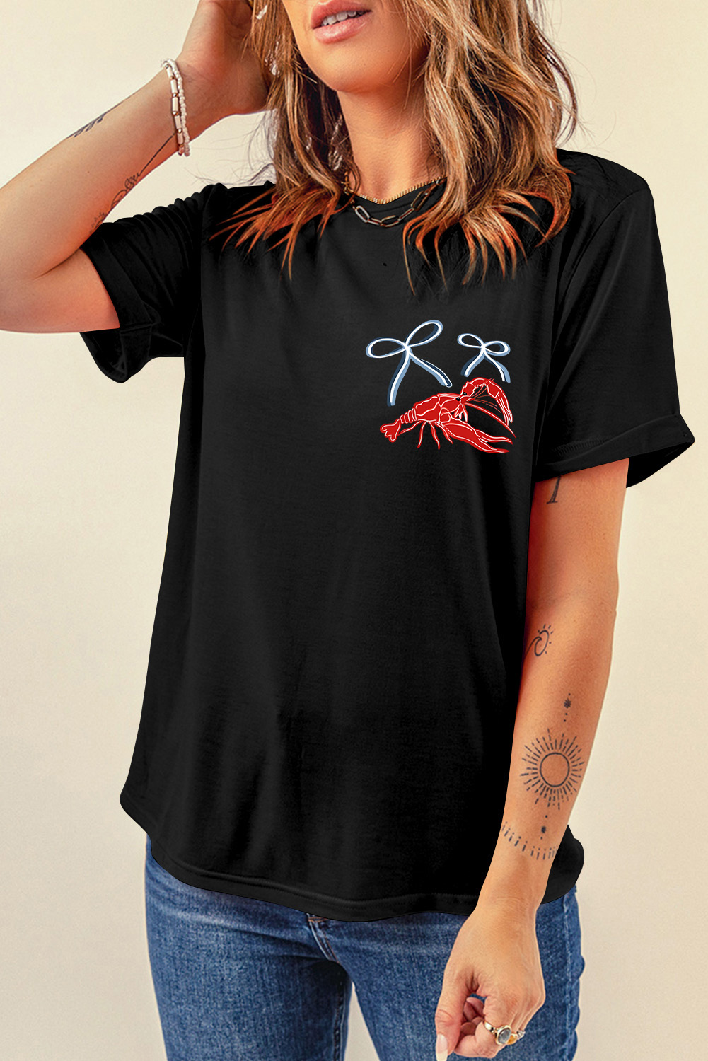 Black Girlie Bow Crawfish Printed T Shirt - loveforevers