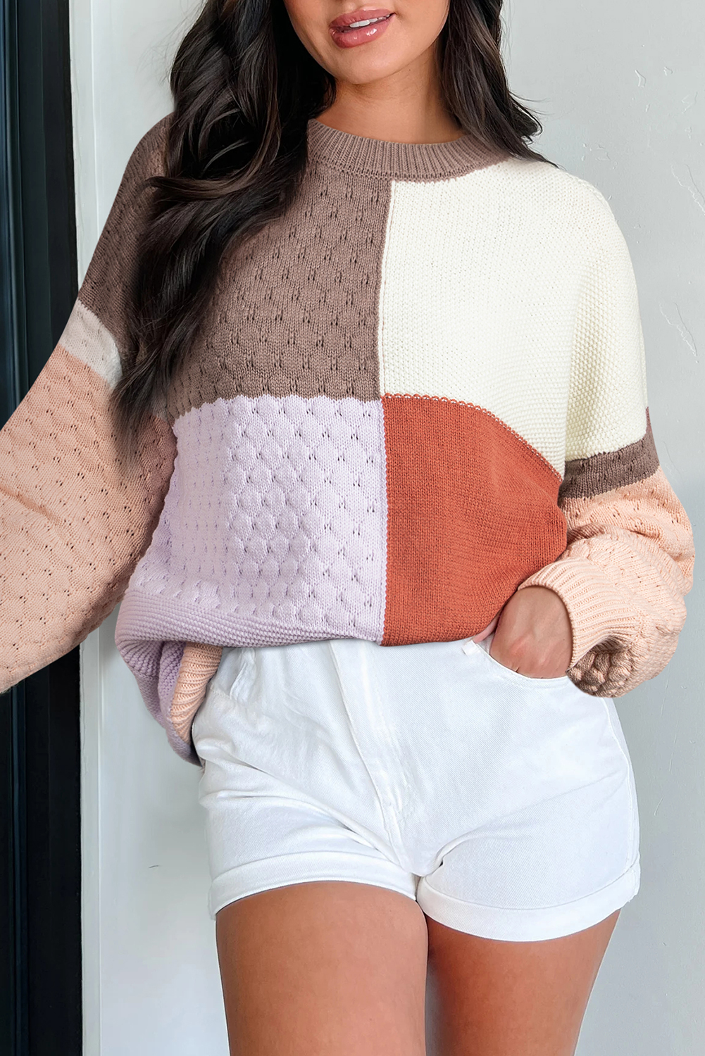 Coffee Mix Texture Colorblock Knit Baggy Sweater - loveforevers