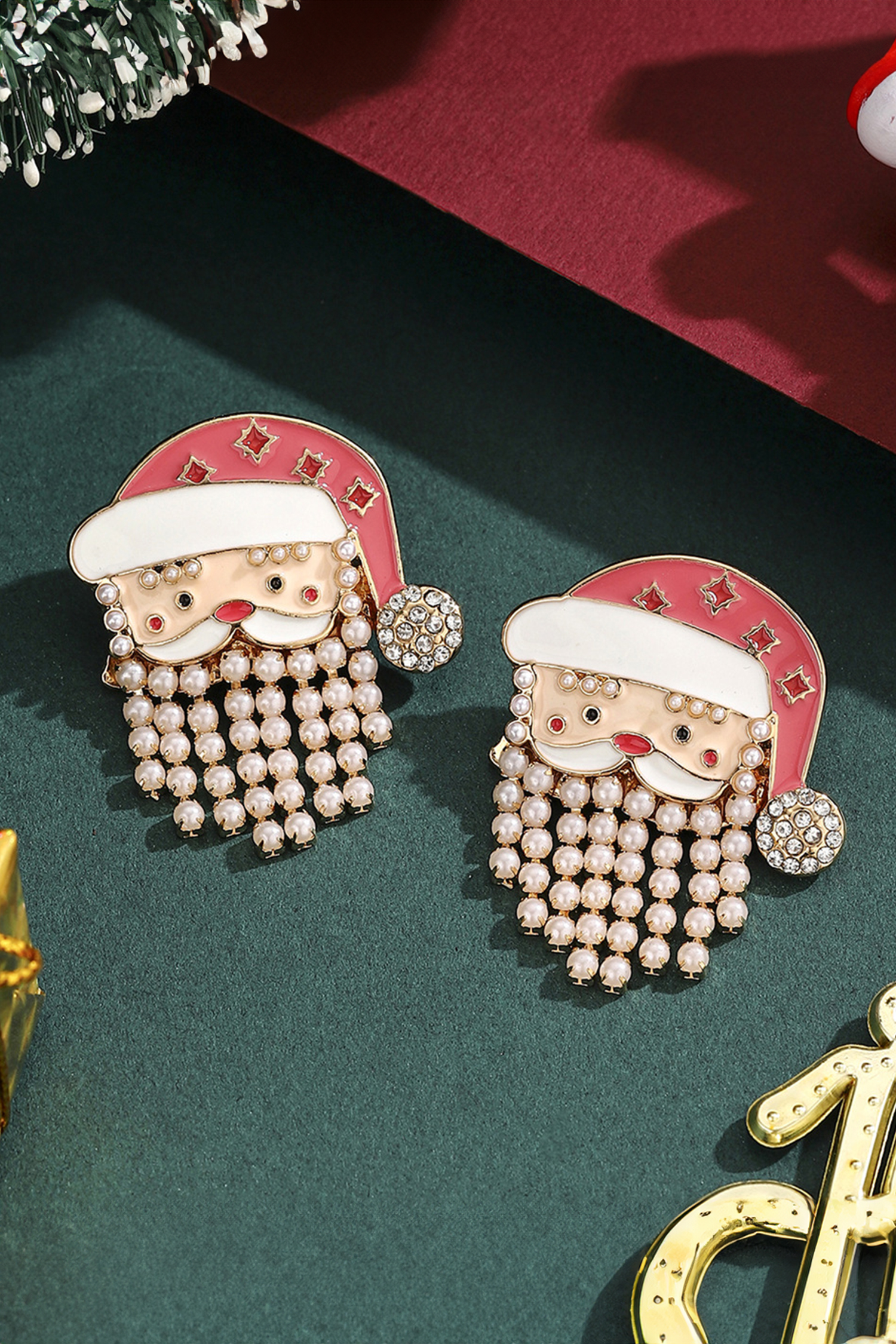 Fiery Red Pearl Beard Rhinestone Embellished Santa Claus Earrings - loveforevers
