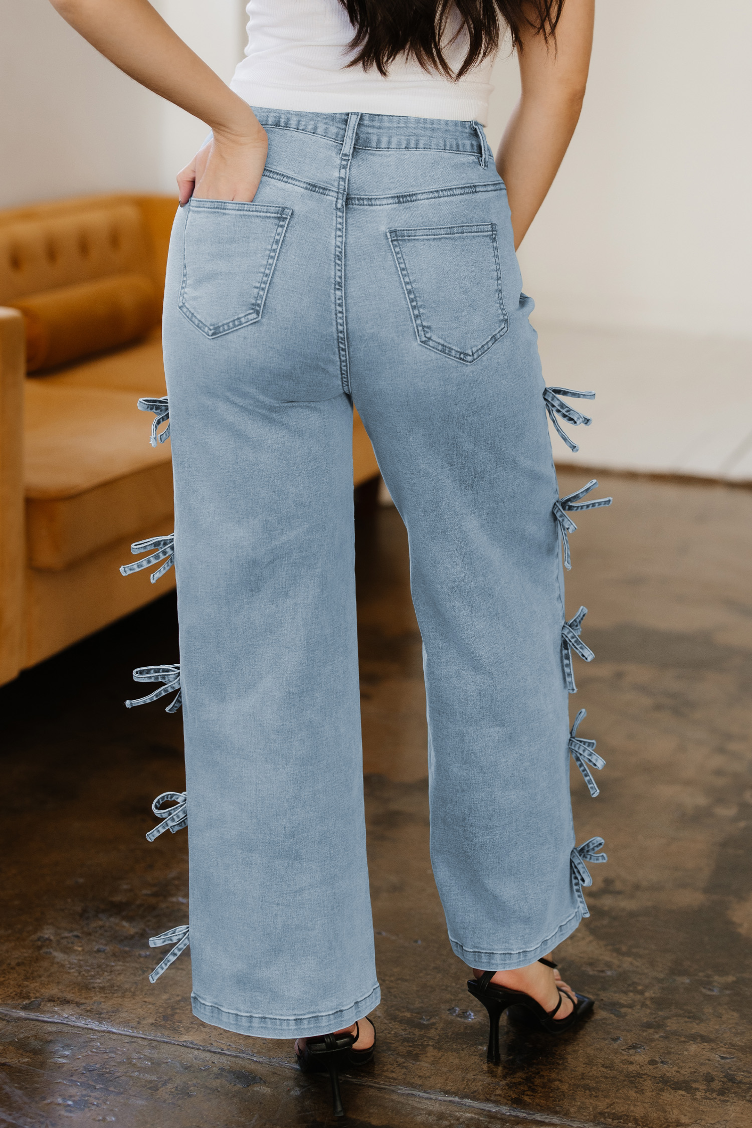 White Bow Knot Side Detail Straight Leg Loose Jeans - loveforevers