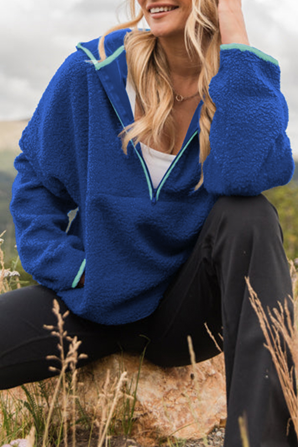 Sky Blue Sherpa Half Zip Contrast Trim Pullover Hoodie - loveforevers