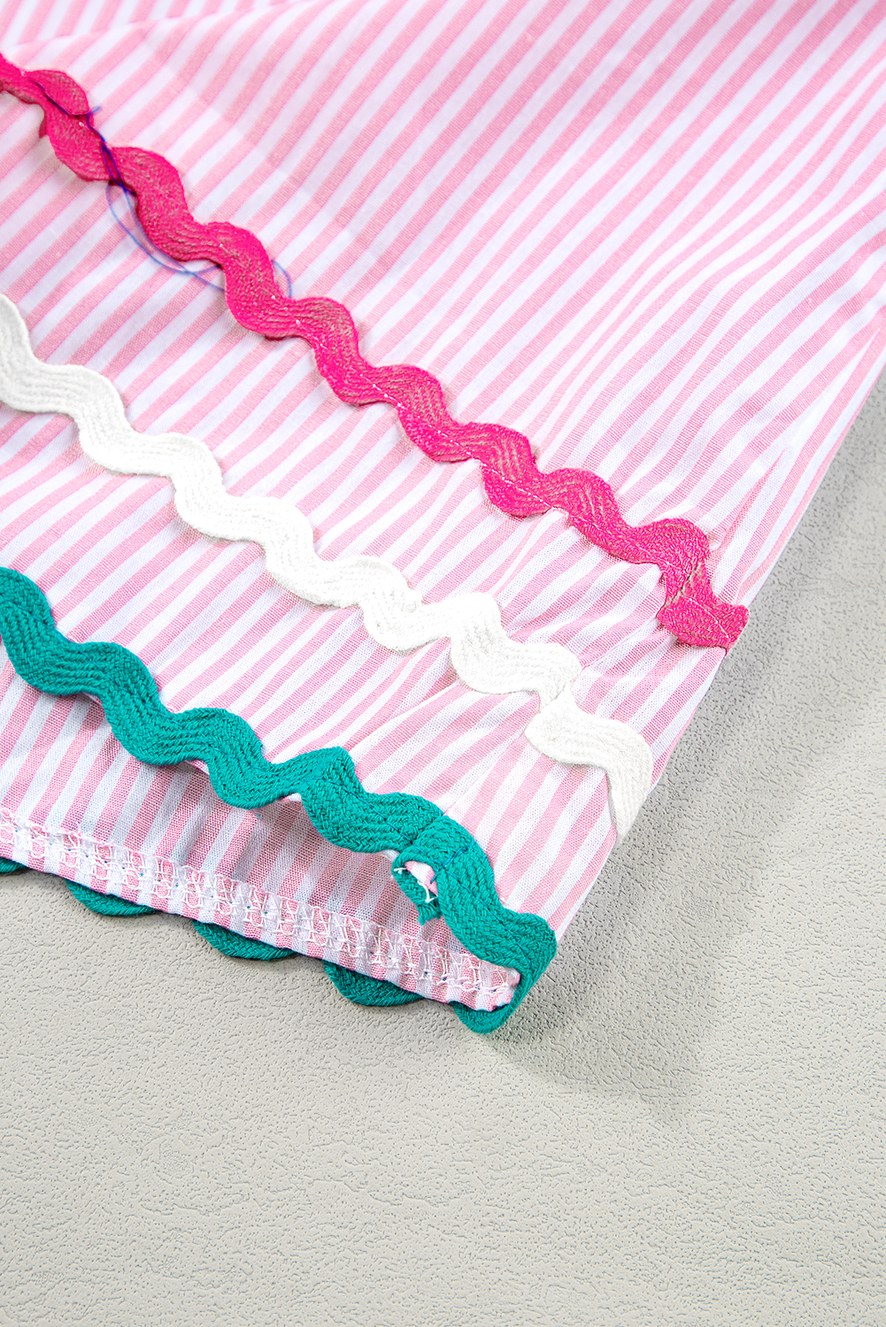 Sky Blue Stripe Ricrac Trim Split Neck Striped Ruffled Sleeve Blouse - loveforevers