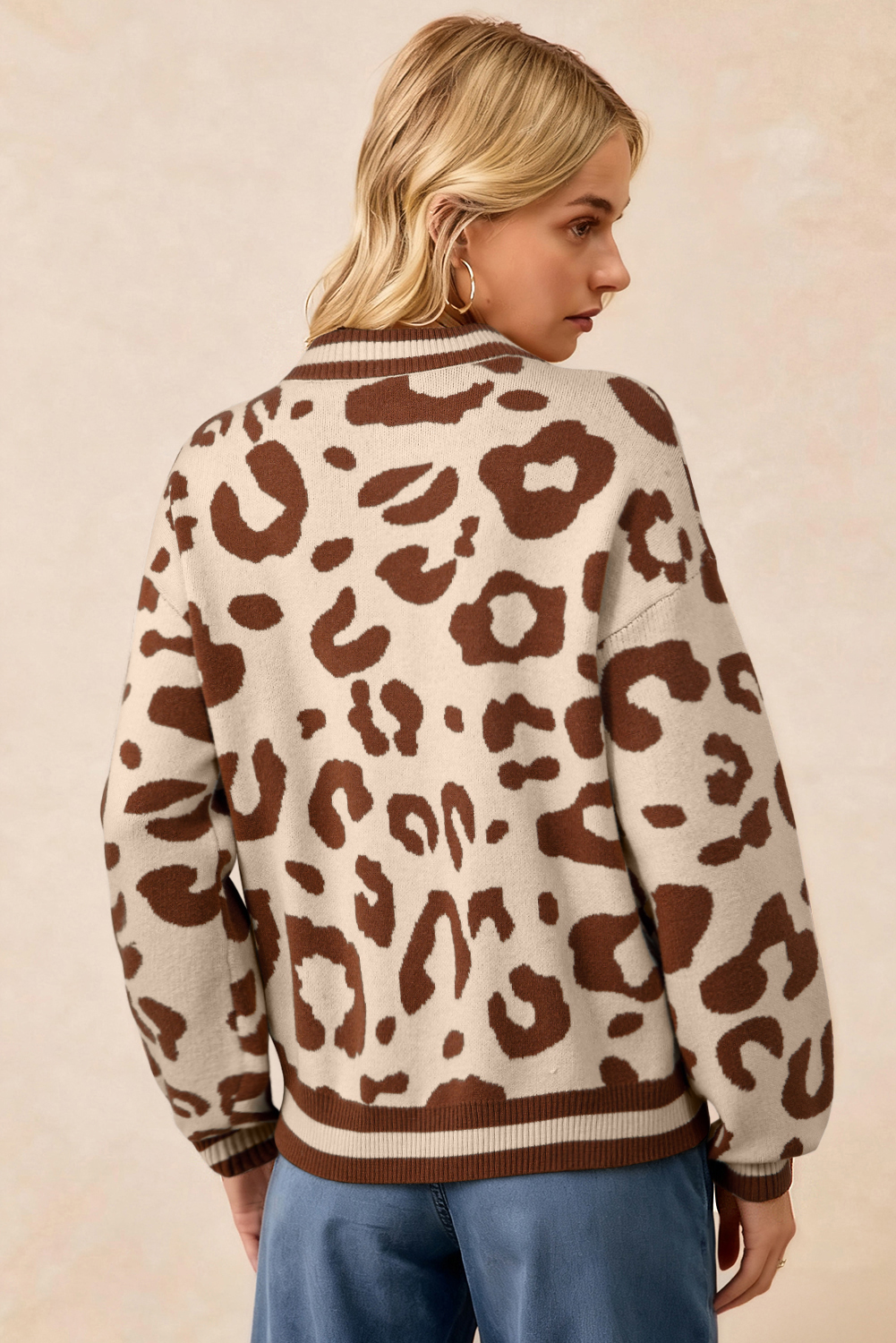 Light French Beige Leopard Printed Knit V Neck Casual Sweater - loveforevers