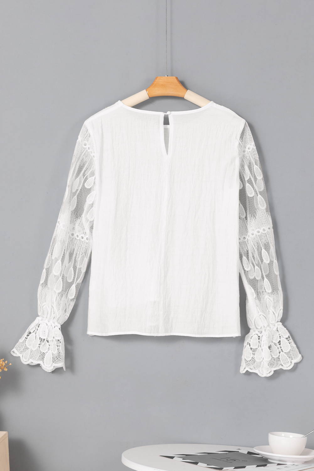 Beige Embroidered Mesh Flounce Sleeve Blouse - loveforevers