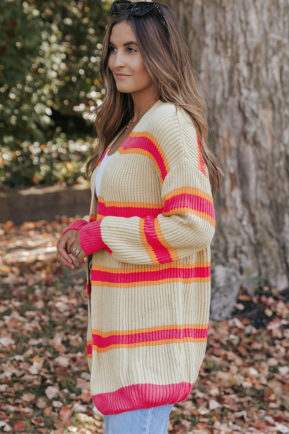 Stripe Printed Ribbed Long Knitted Cardigan - loveforevers