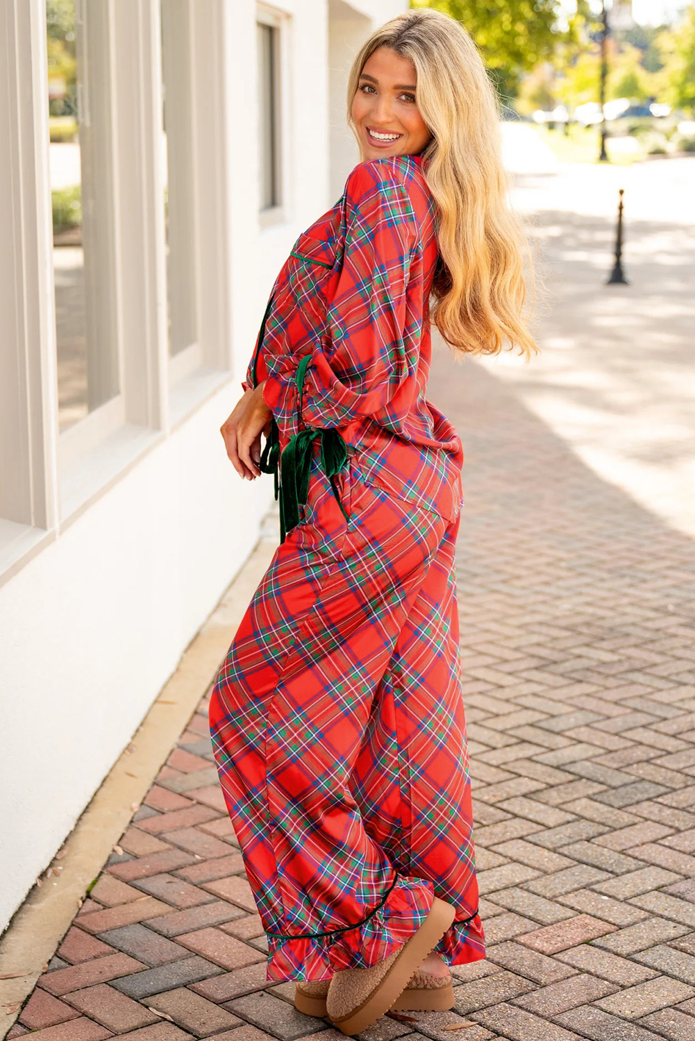 Fiery Red Christmas Plaid Satin Pajama Set with Contrast Velvet Ties - loveforevers