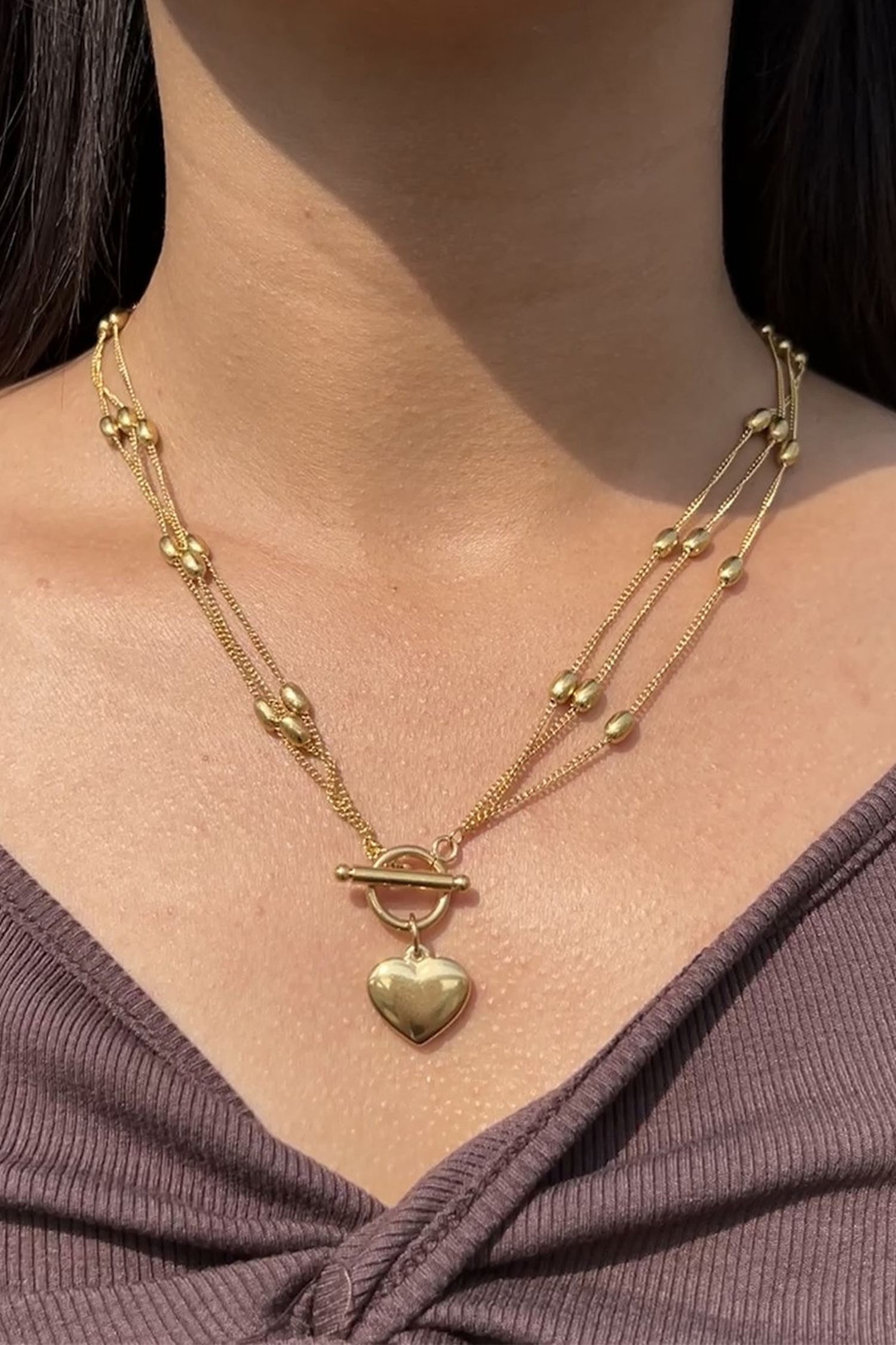 Gold Heart Toggle Charm Beaded Chain Triple Layered Necklace - loveforevers