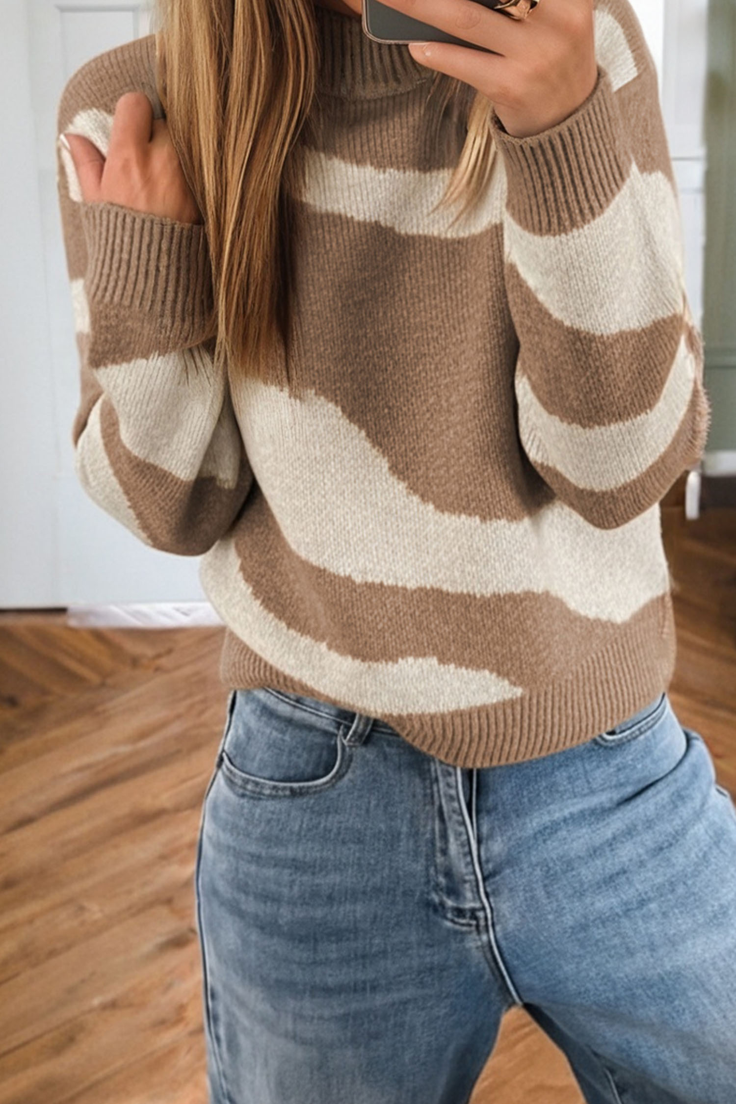 Dark Khaki Abstract Print Ribbed Trim Mock Neck Chic Sweater - loveforevers