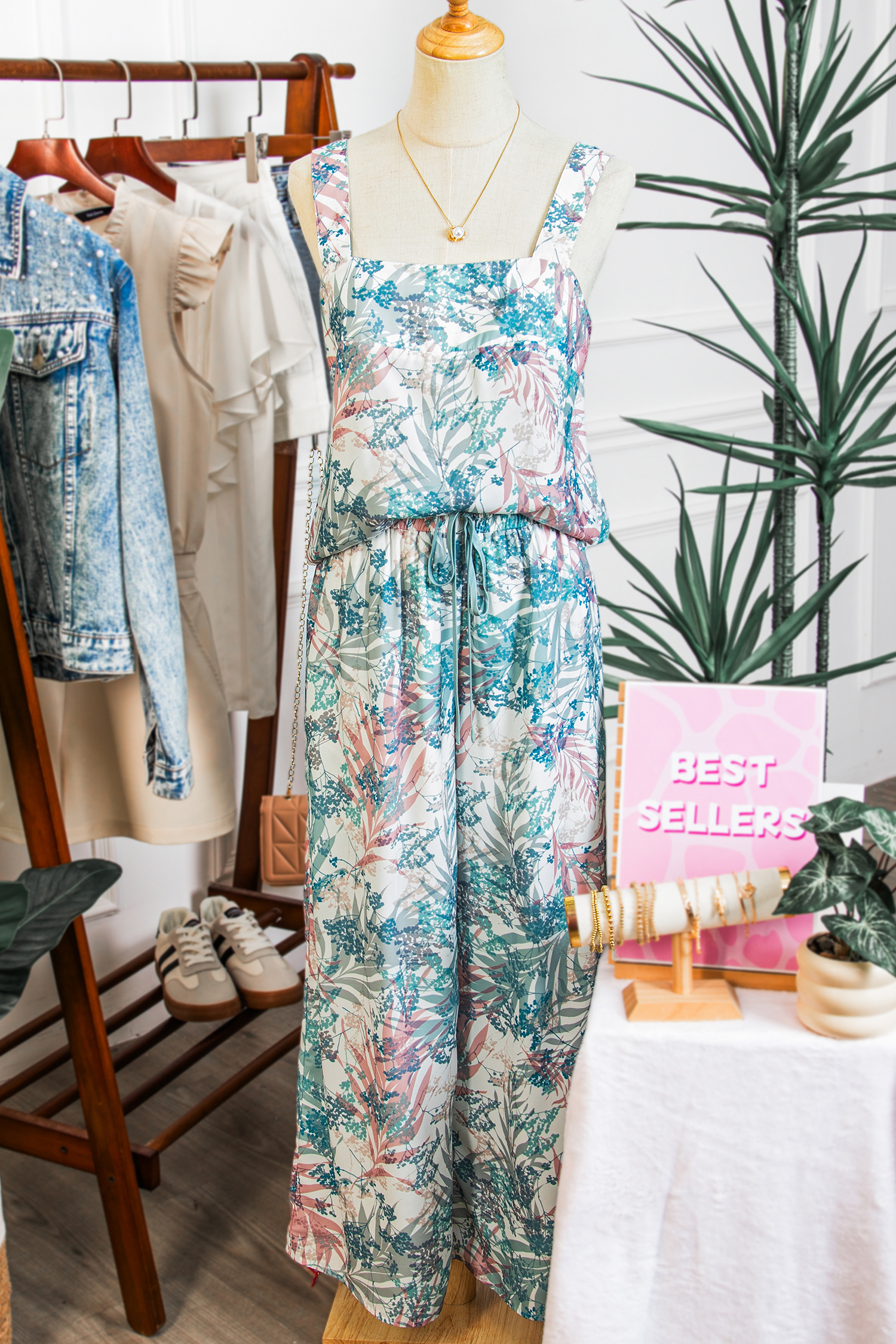 Green Tropical Palm Printed Cropped Tank Drawstring Wide Leg Pant Set - loveforevers