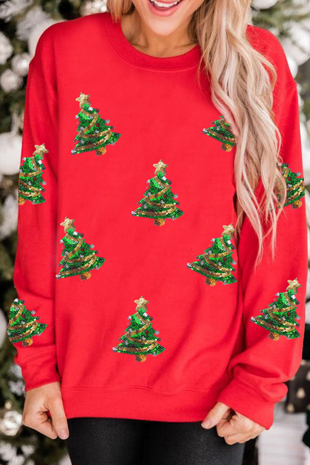 Red Sequin Christmas Tree Graphic Drop Shoulder Sweatshirt - loveforevers